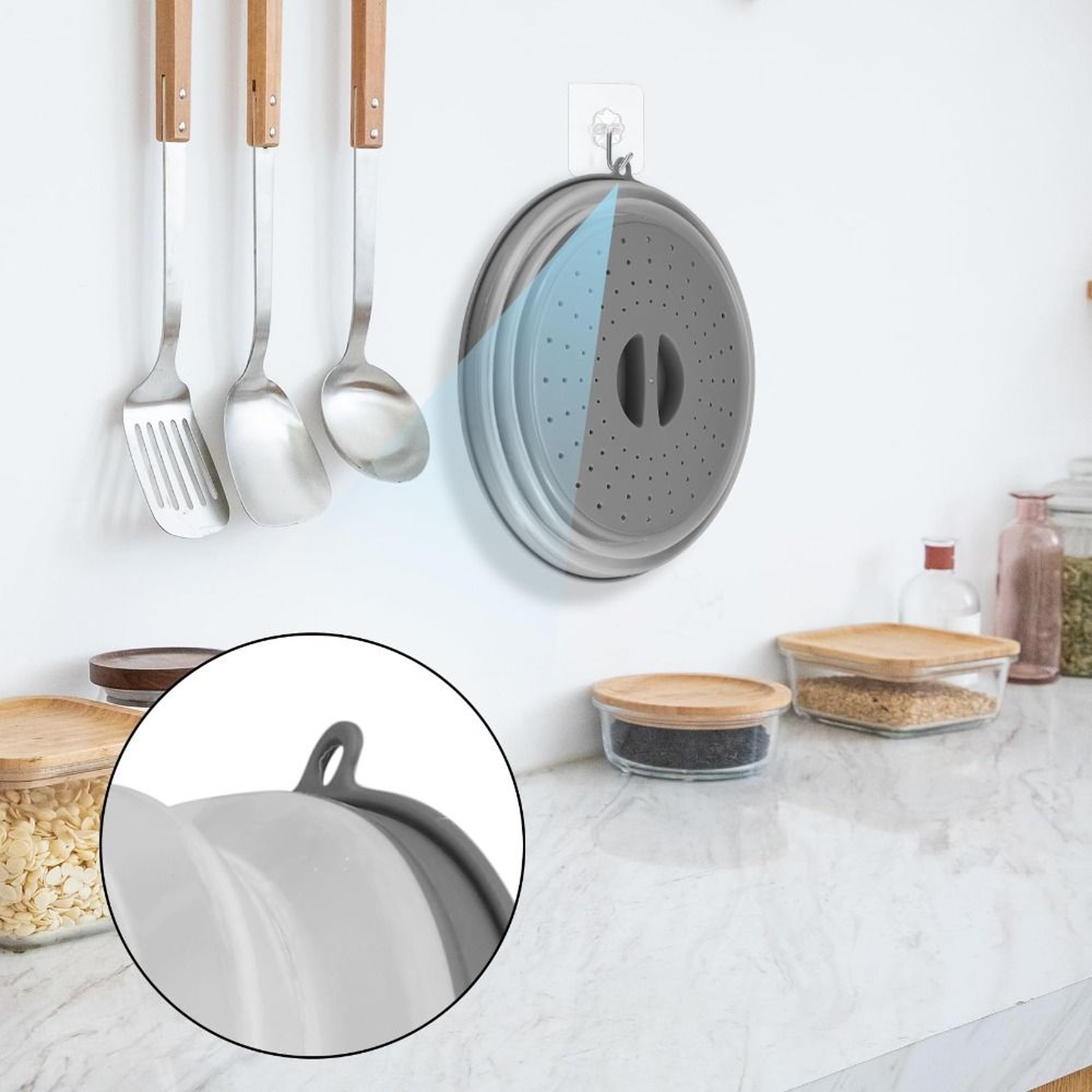 Collapsible Microwave Splatter Cover with Easy Grip Handle and Food Strainer Basket – view 3