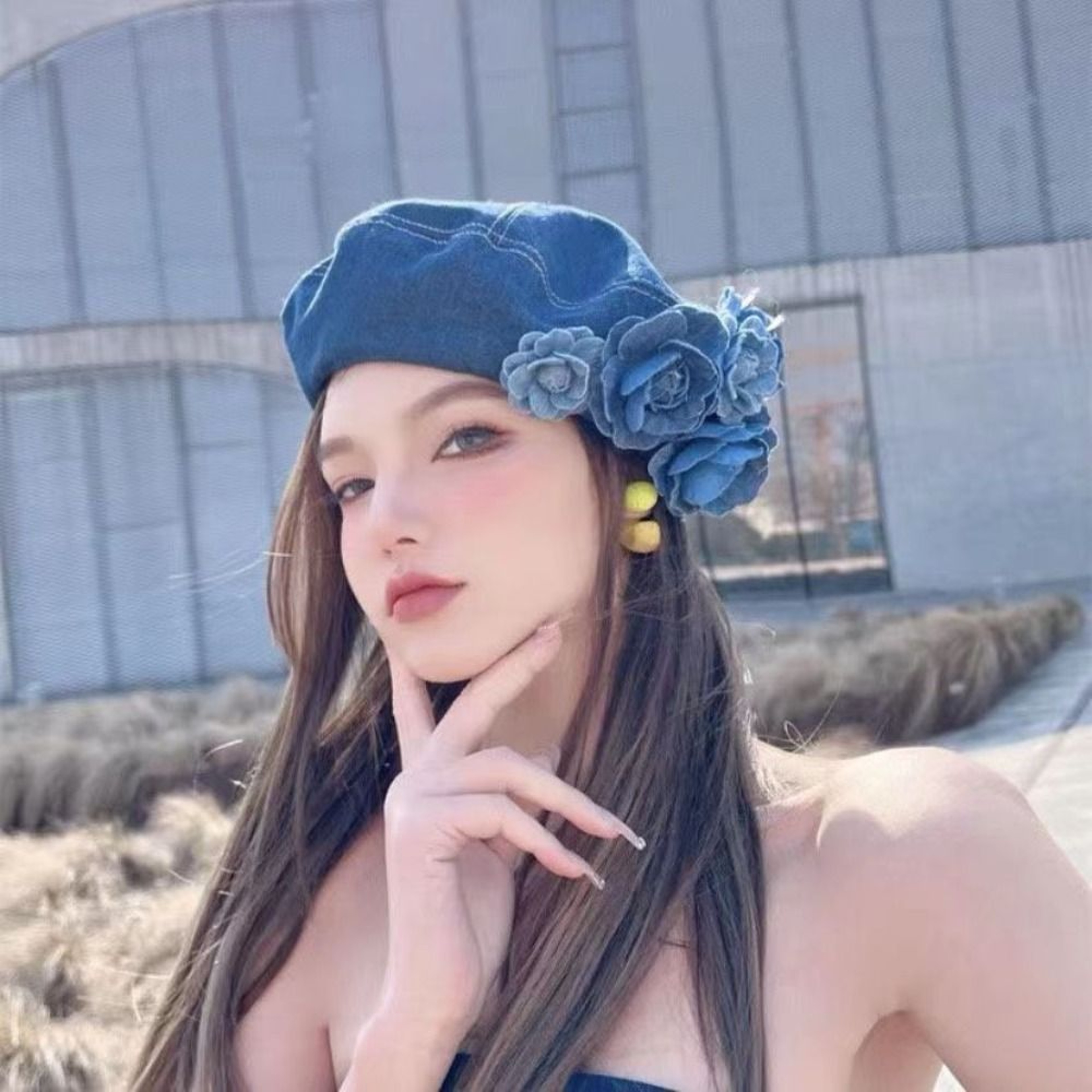 Camellia Bloom Denim Beret Hat for Women with Fluffy Contrast Design – view 1
