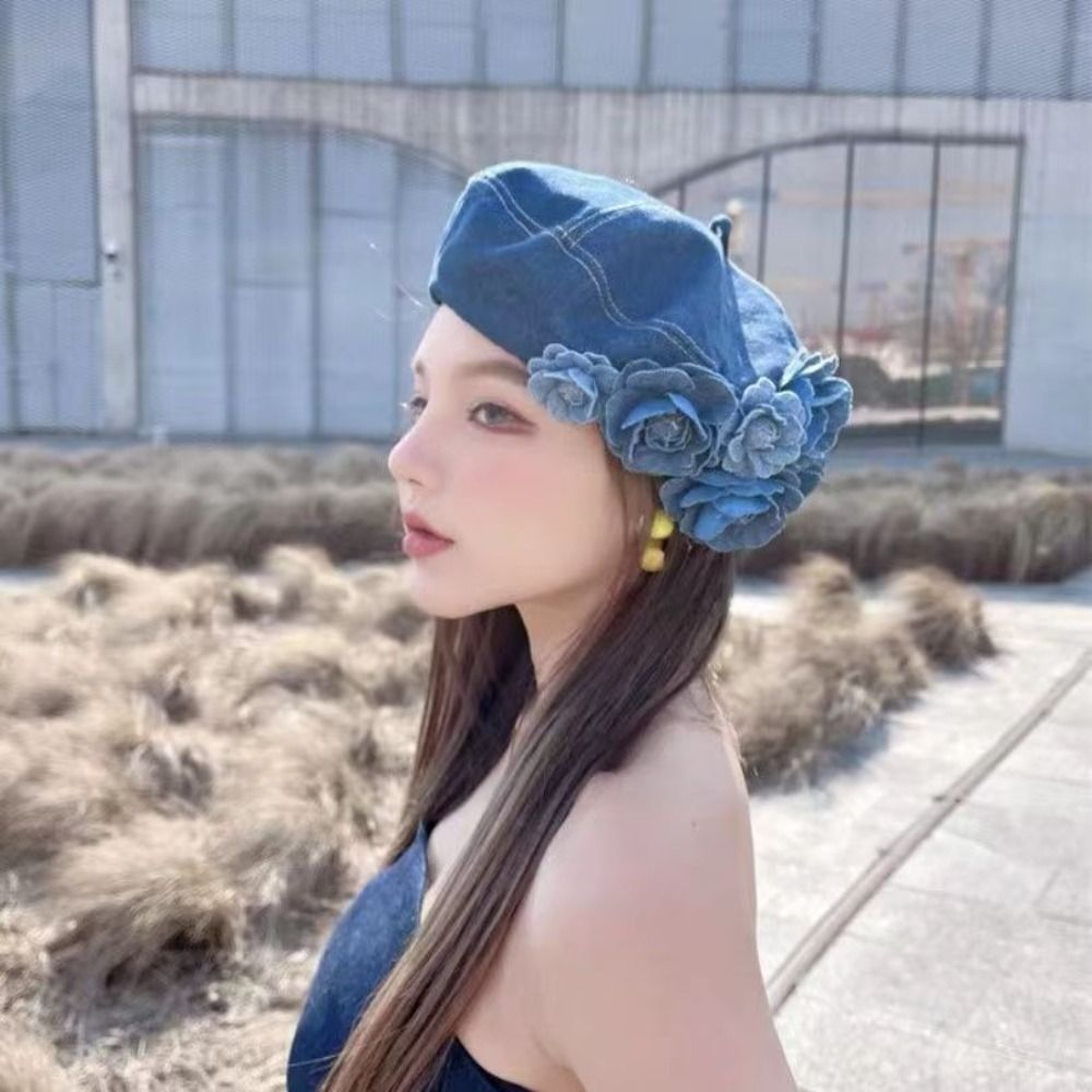 Camellia Bloom Denim Beret Hat for Women with Fluffy Contrast Design – view 5