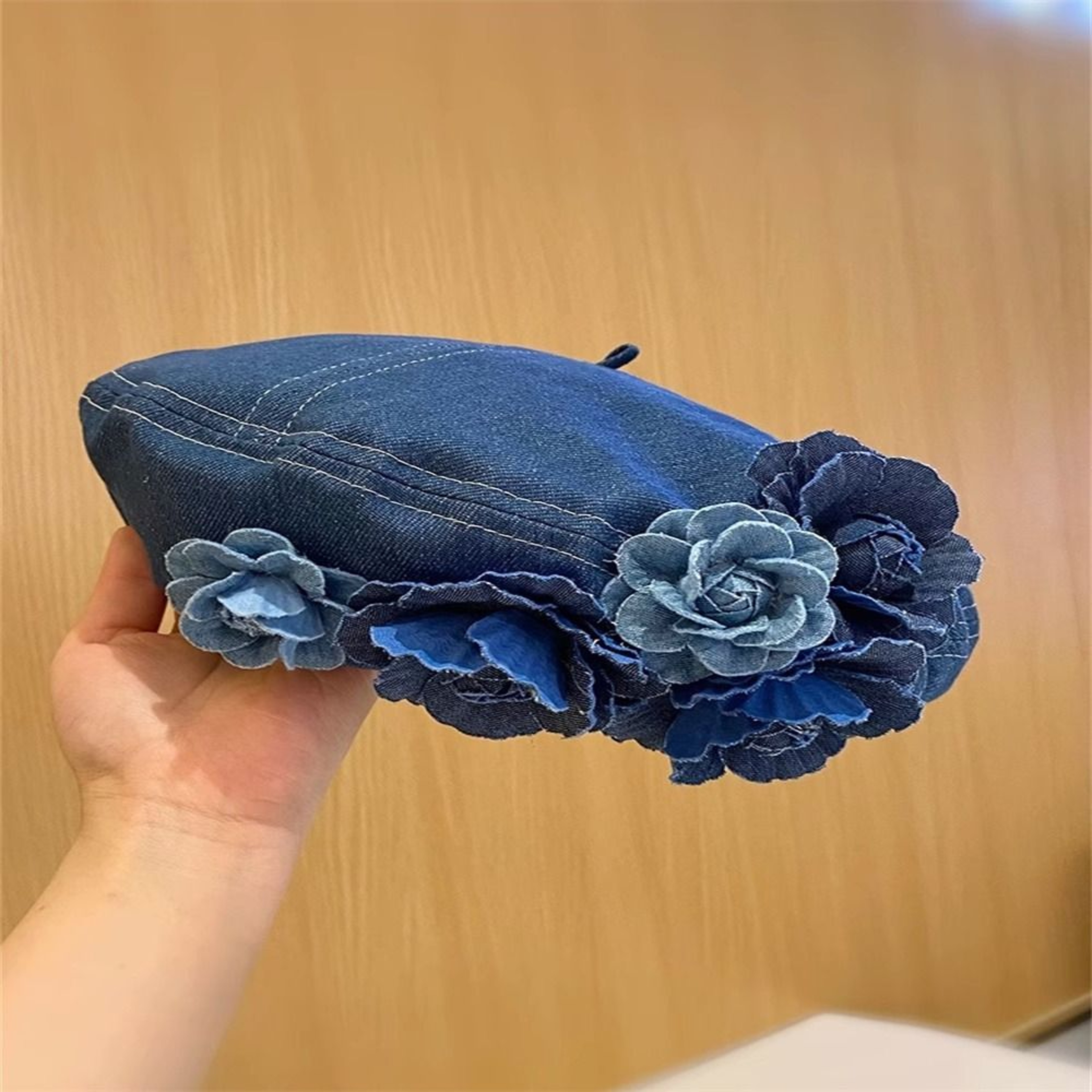 Camellia Bloom Denim Beret Hat for Women with Fluffy Contrast Design – view 9