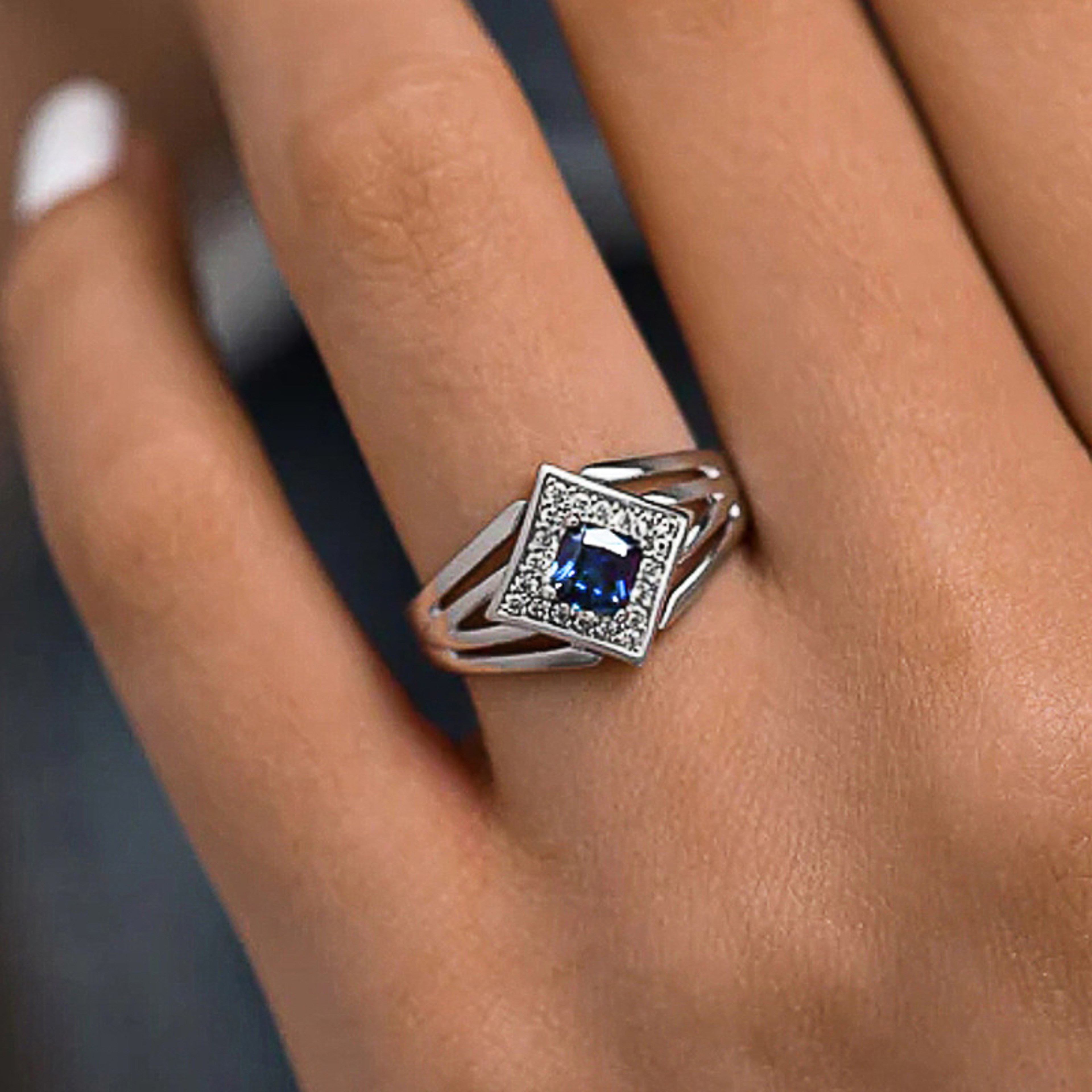 Blue Zircon Geometric Cocktail Ring For Women Elegant Banquet Jewelry 0