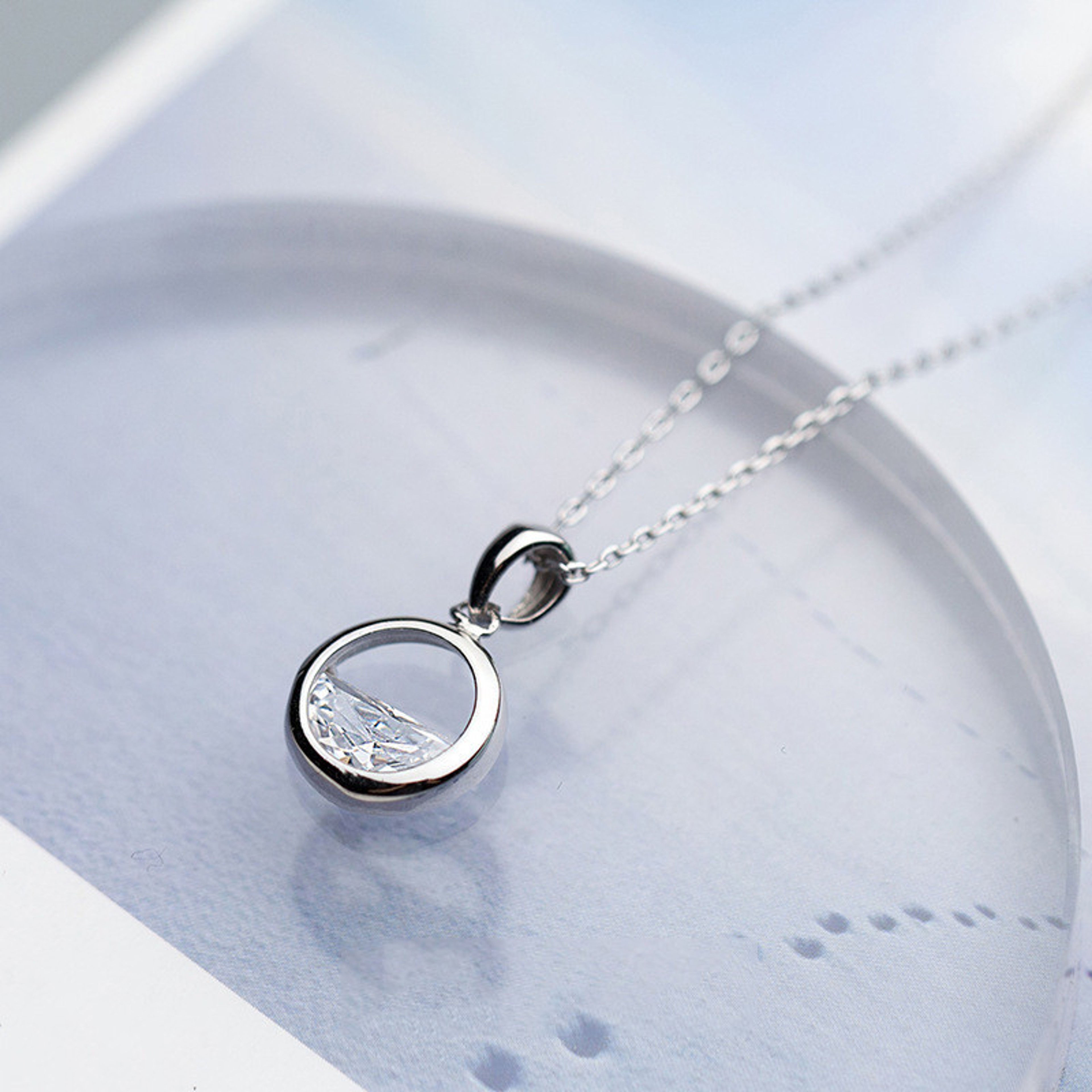 Silver Crystal Round Pendant Necklace For Women  Minimalist Fine Jewelry 3