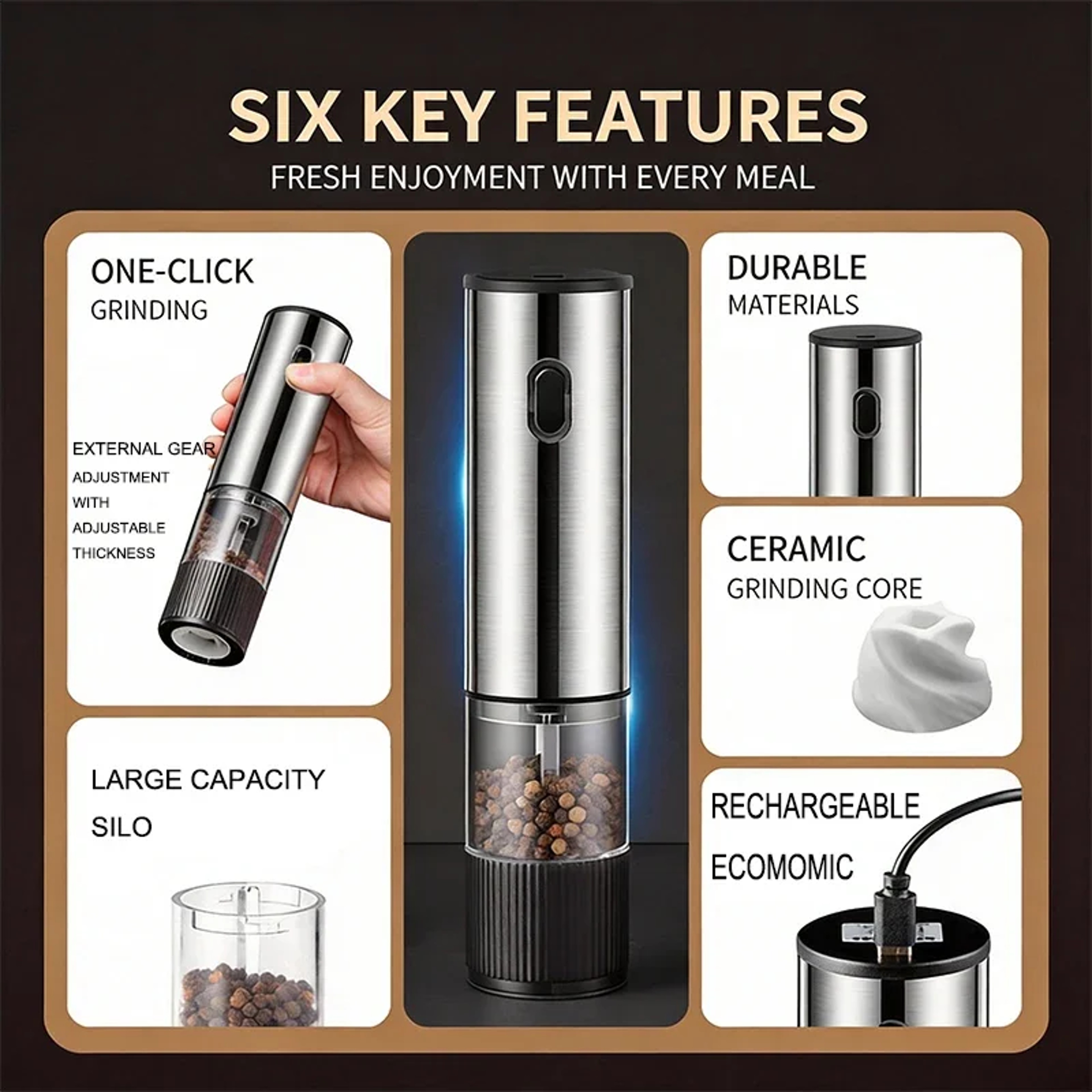 Rechargeable Electric Salt and Pepper Grinder Set with Adjustable Coarseness – view 2