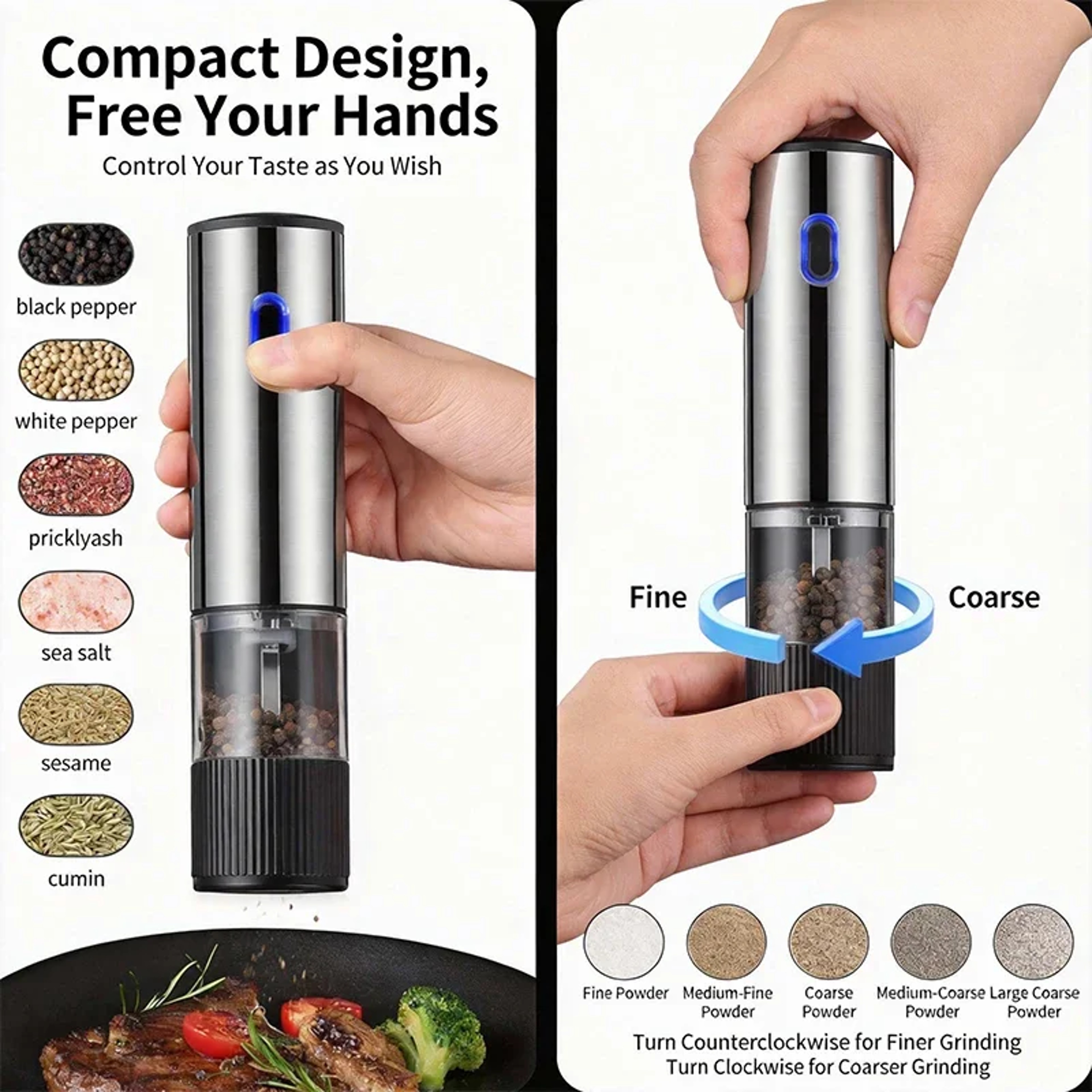 Rechargeable Electric Salt and Pepper Grinder Set with Adjustable Coarseness – view 3