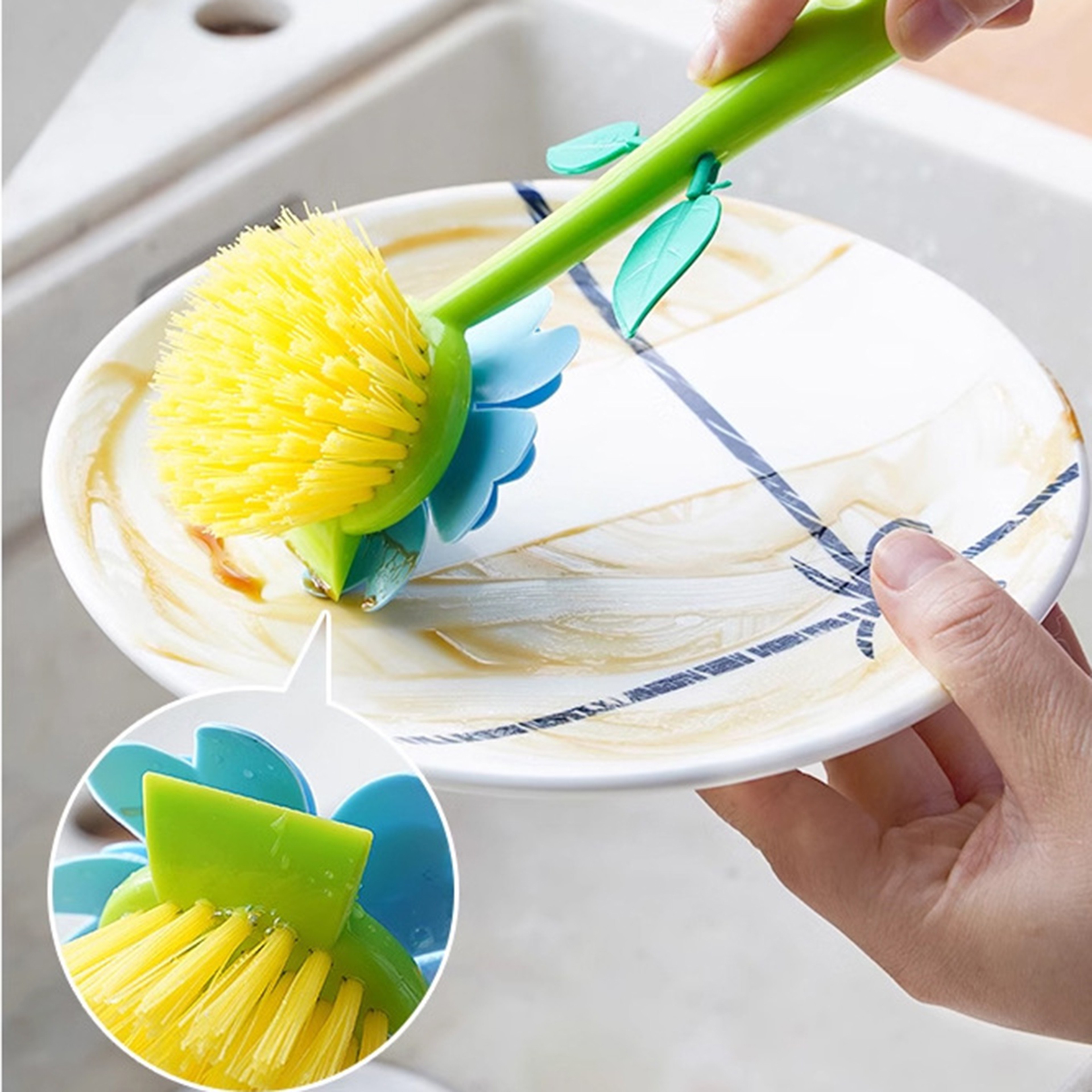 EcoGrip Kitchen Cleaning Brush With Long Handle For Pots Bowls  Cast Iron Pans 0
