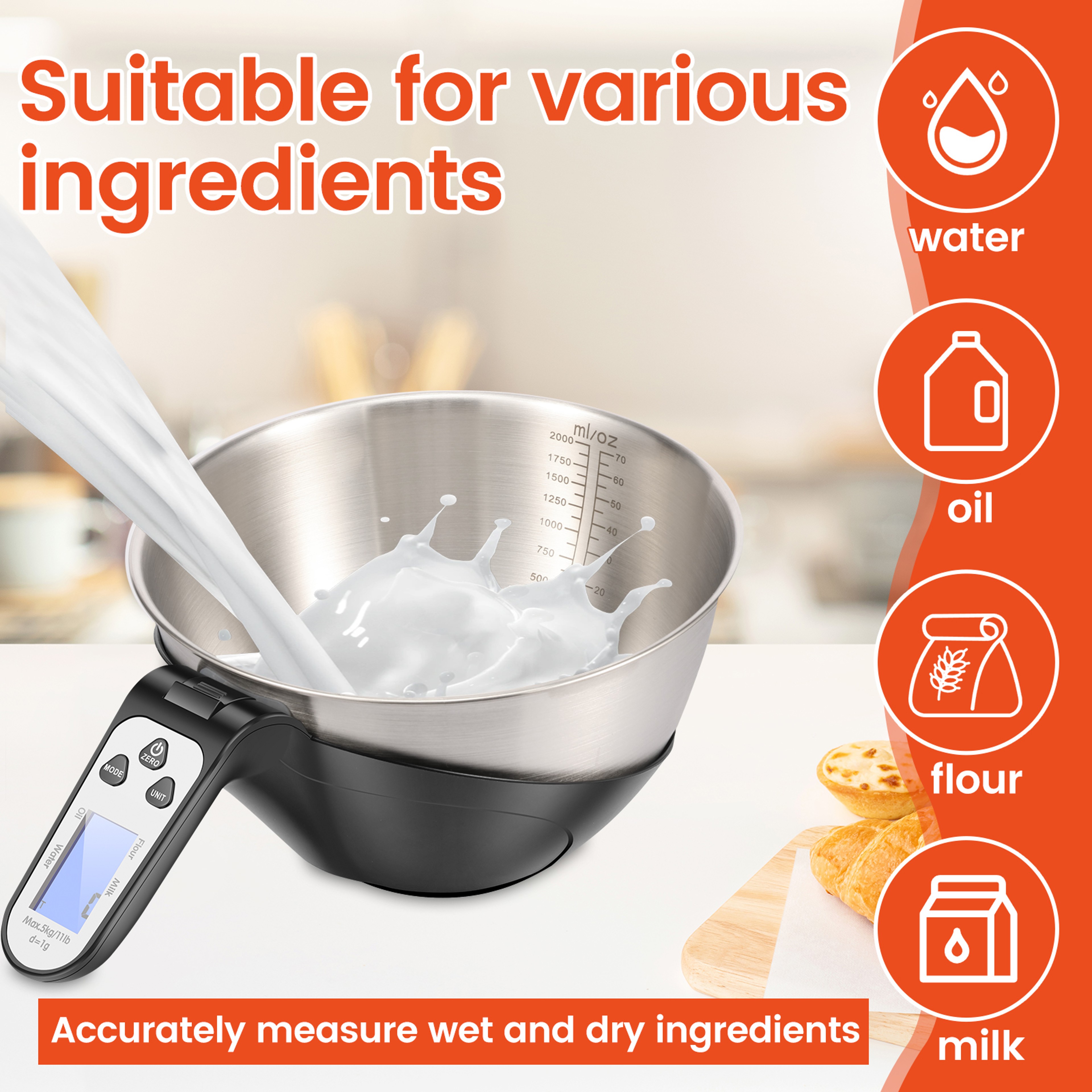 PrecisionGrip Digital Kitchen Scale With Stainless Steel Mixing Bowl 3