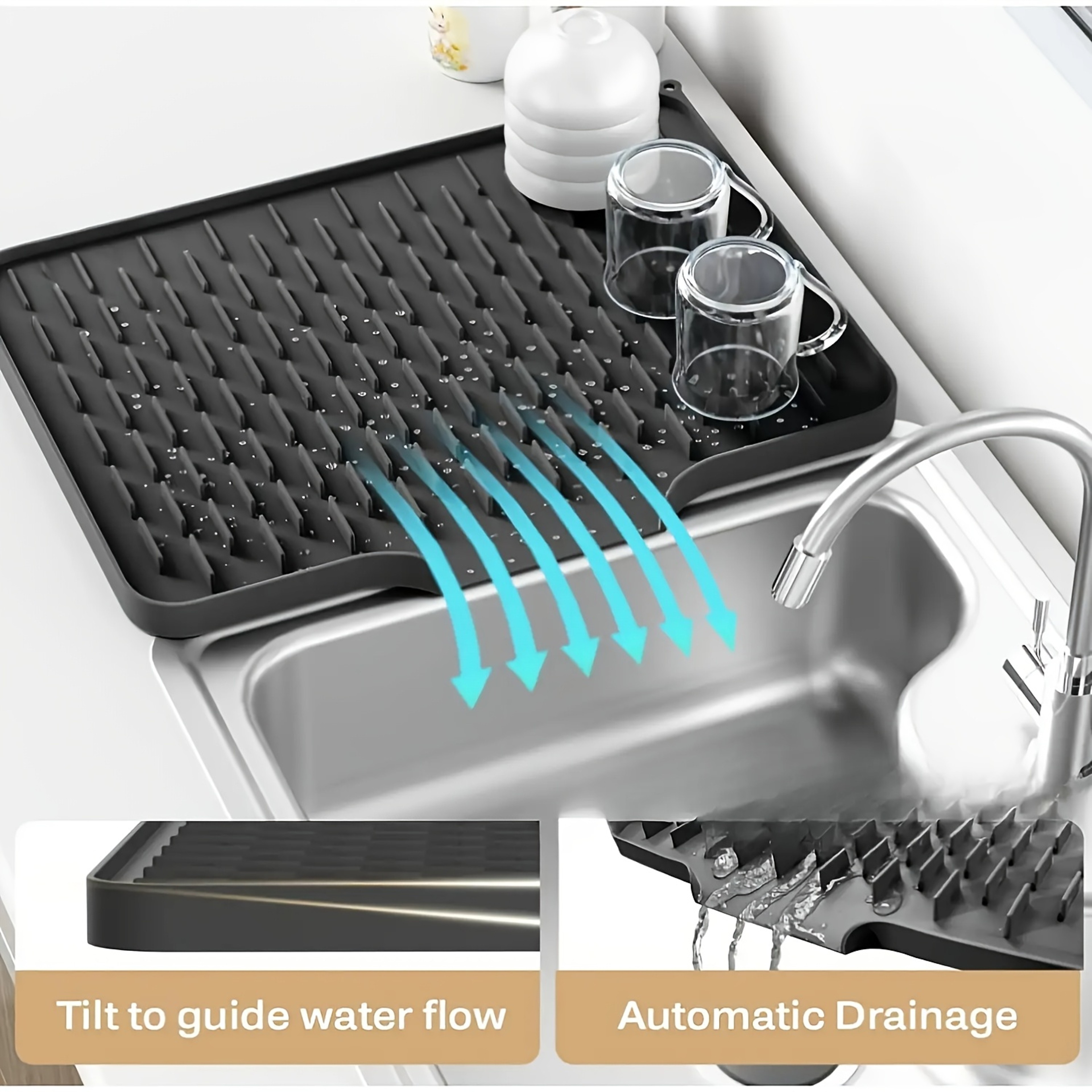 QuickDry Silicone Sink Mat For Kitchen Countertops With Drainage Design 0