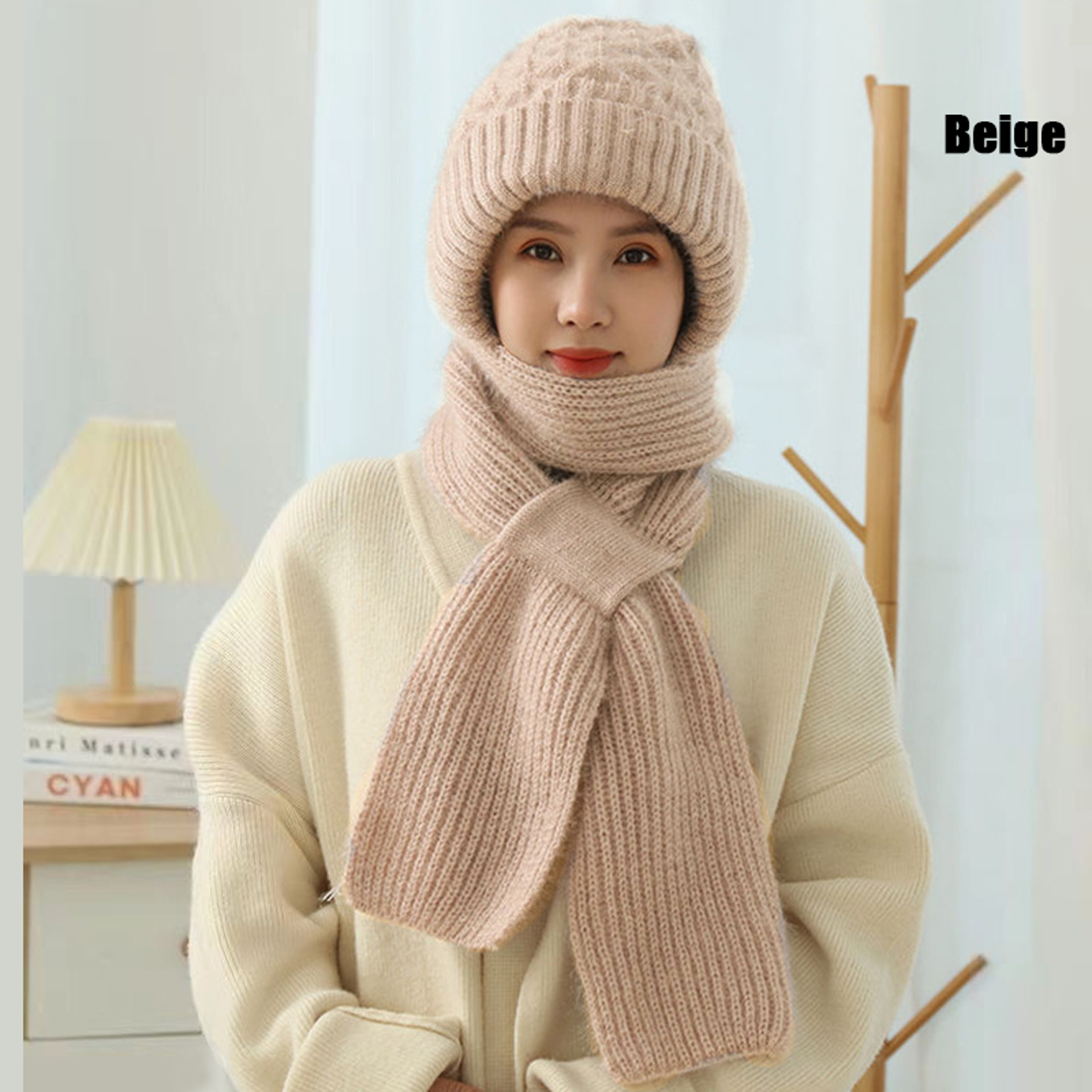 Womens Winter Knitted Hat, Scarf One Piece, Double Warm Padded Beanie, Thickened Wind Proof Snow Hat – view 8