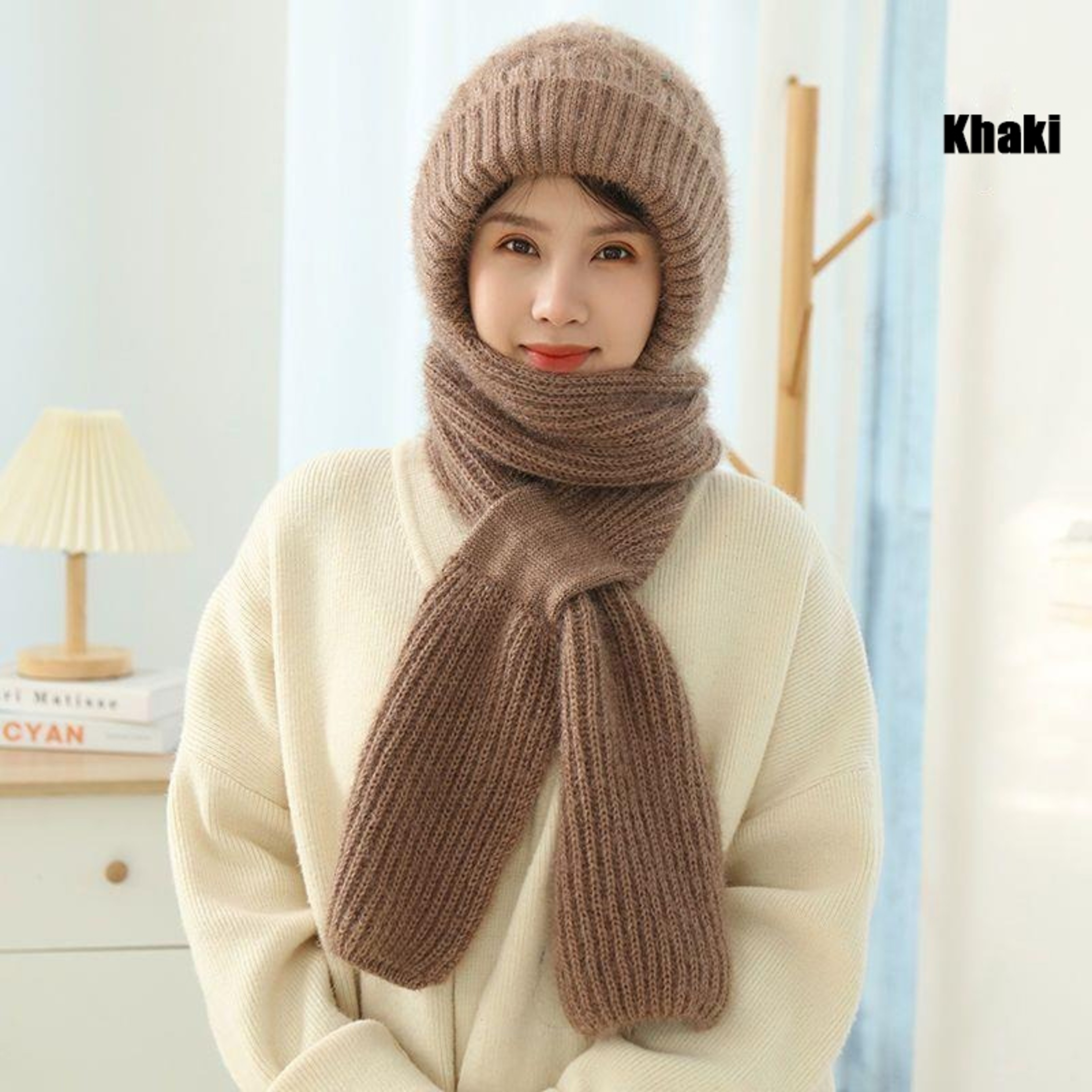 Womens Winter Knitted Hat, Scarf One Piece, Double Warm Padded Beanie, Thickened Wind Proof Snow Hat – view 10