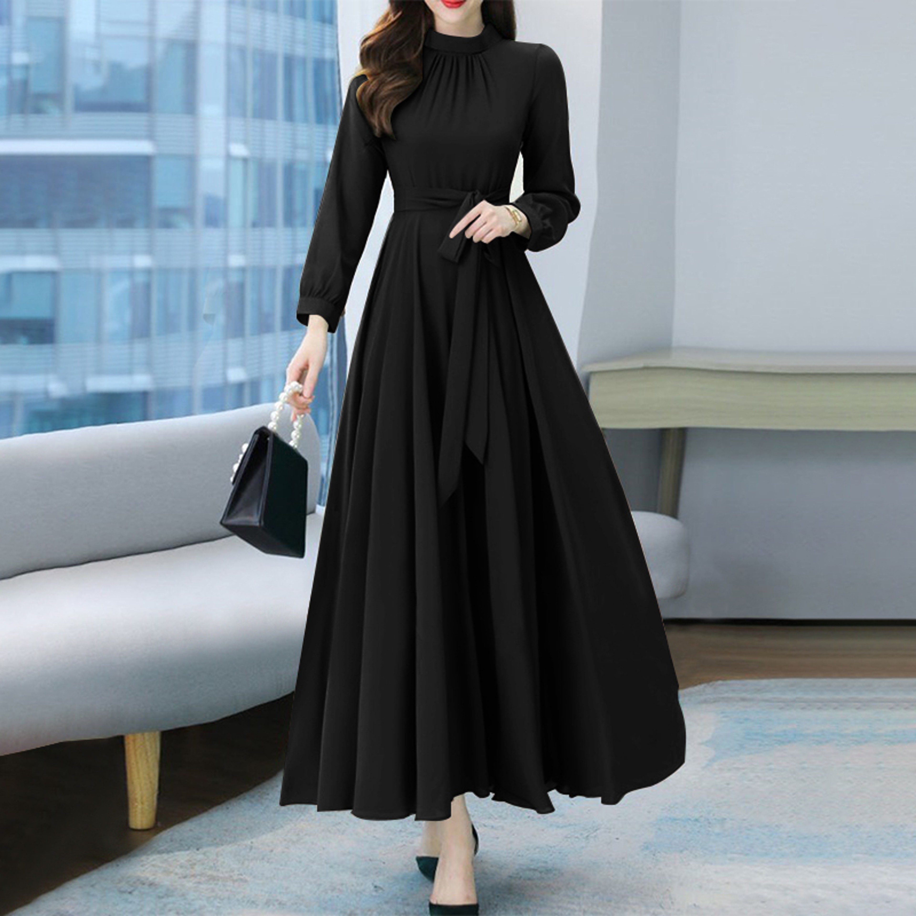 Women Long Sleeve Aline Sundress Vintage Robe Spring Long Dress Autumn Solid Party Holiday Maxi Dre