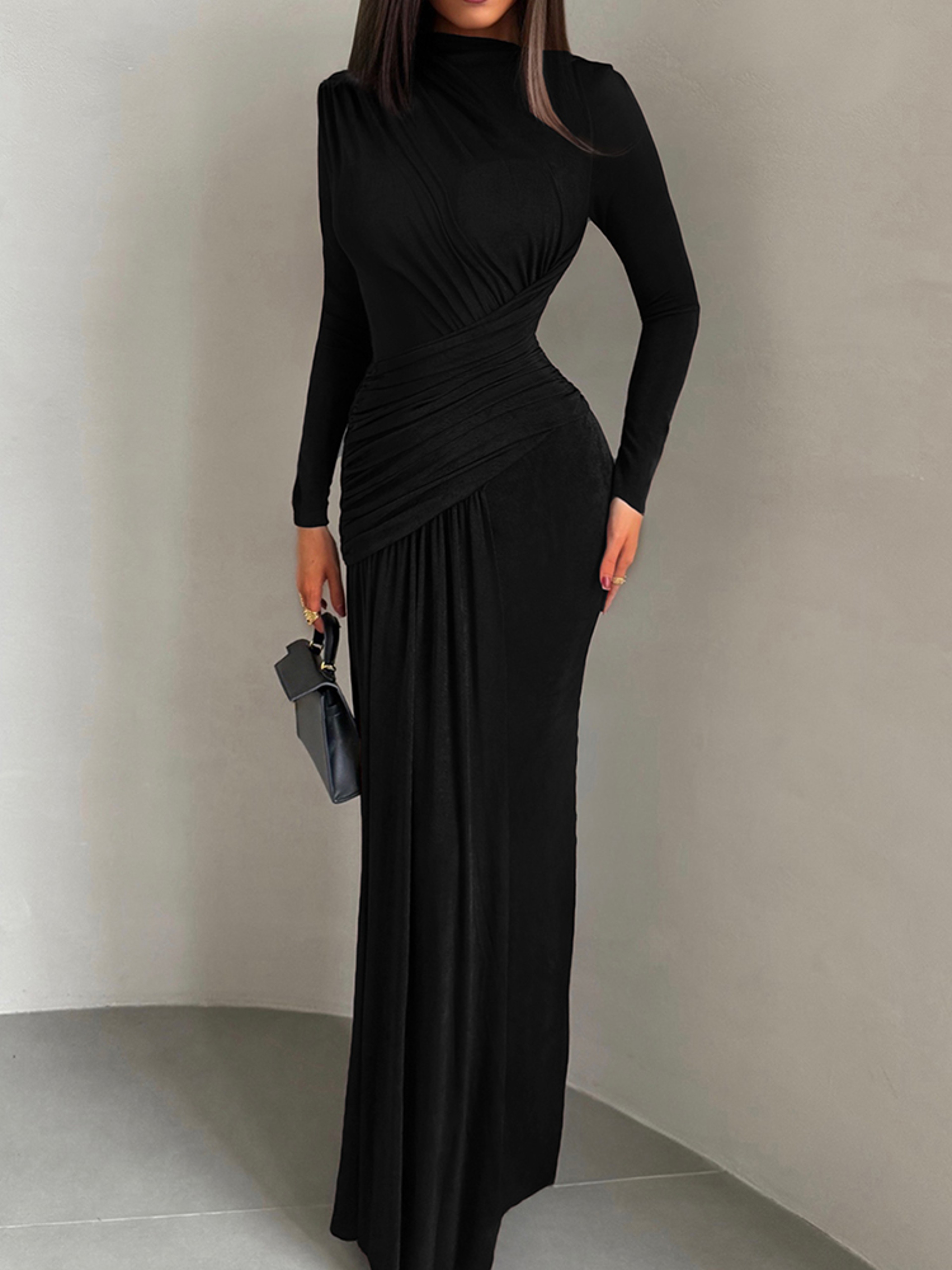 Sisterlinda Folds Maxi Dress For Women O Neck Full Sleeve Solid Banquet Elegant Vacation Autumn Ski 5