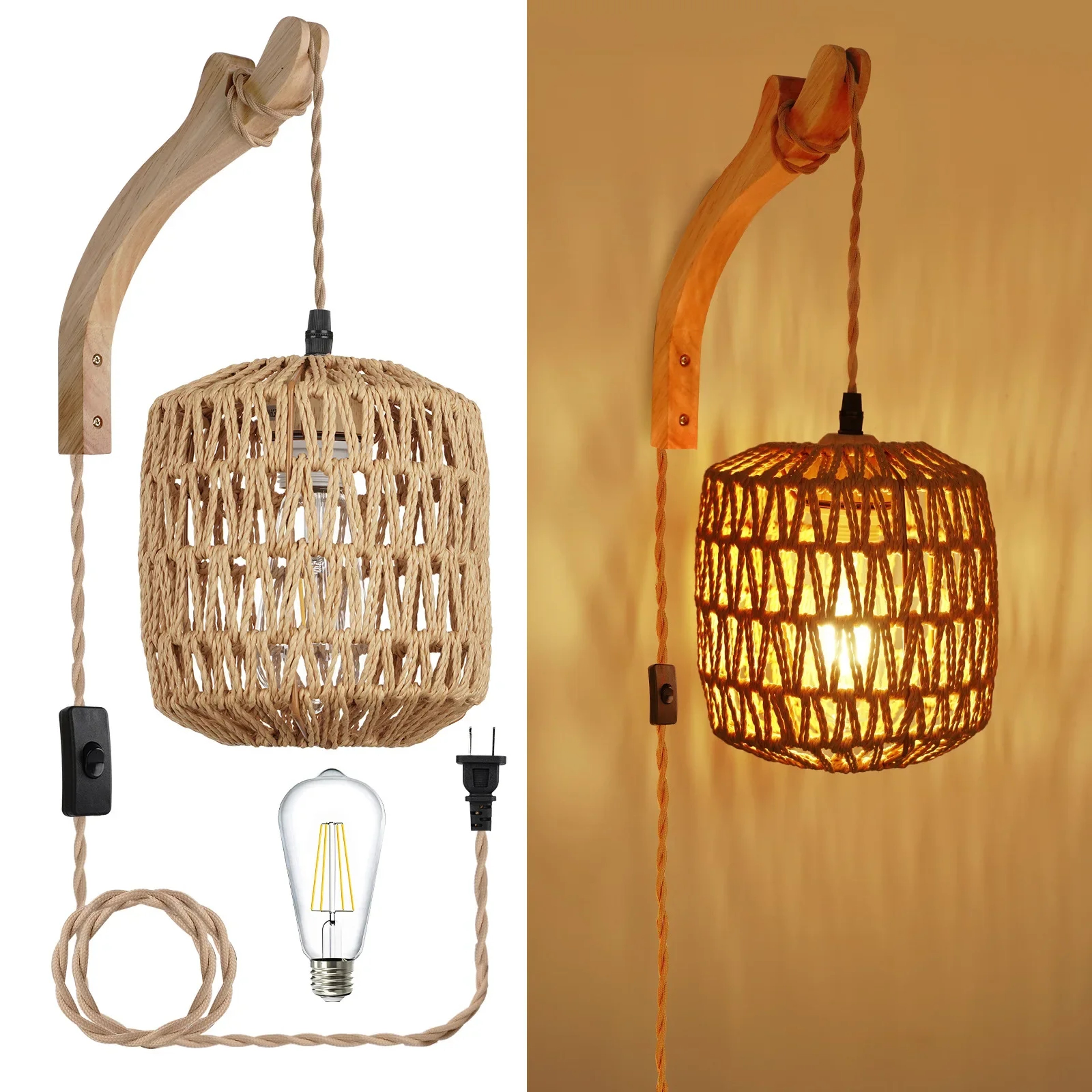 Living Room Woven Light Bedside Lamp Led Rattan Wall Lamp Bedroom E27 Retro Hemp Rope Decor Fixture 0