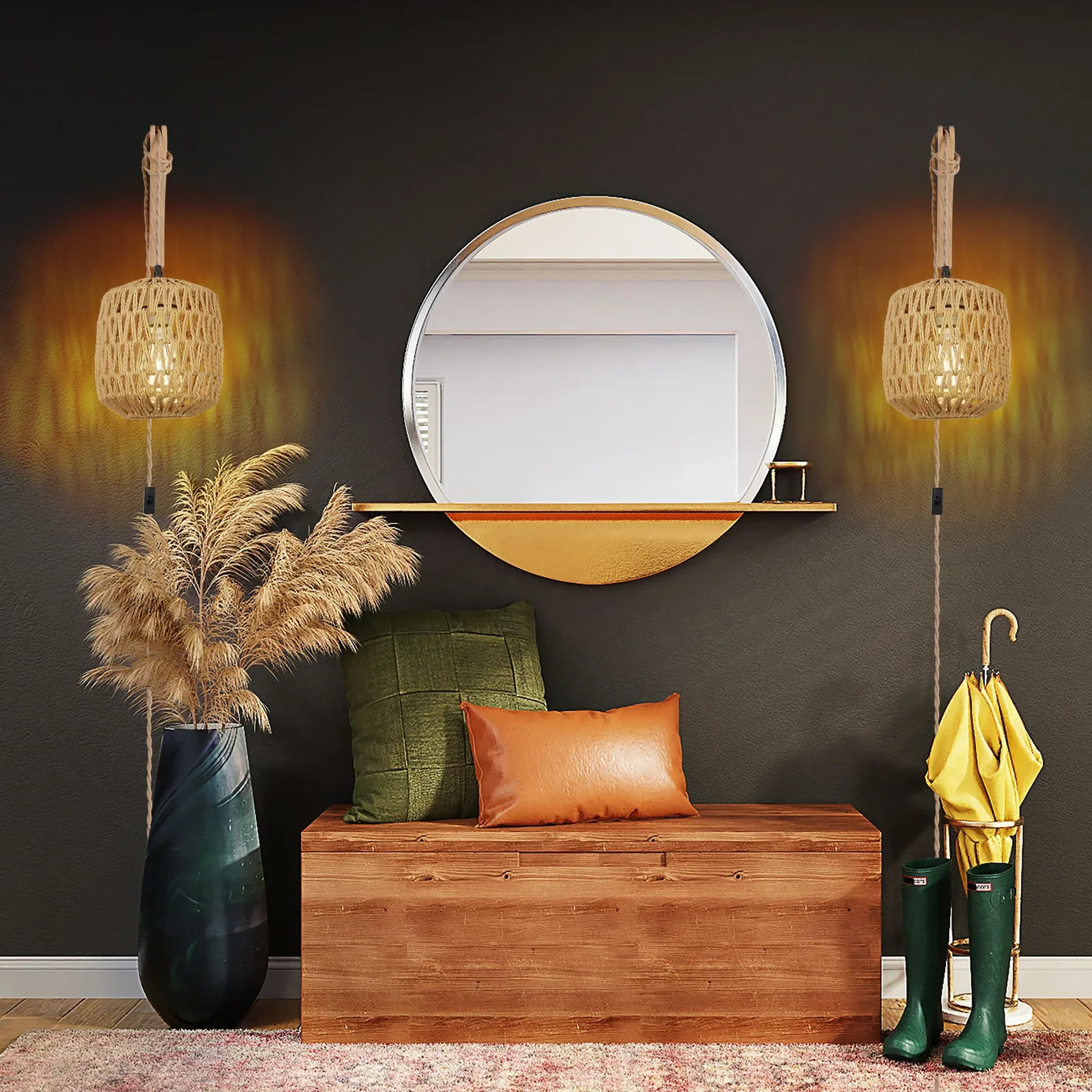 Living Room Woven Light Bedside Lamp Led Rattan Wall Lamp Bedroom E27 Retro Hemp Rope Decor Fixture 2