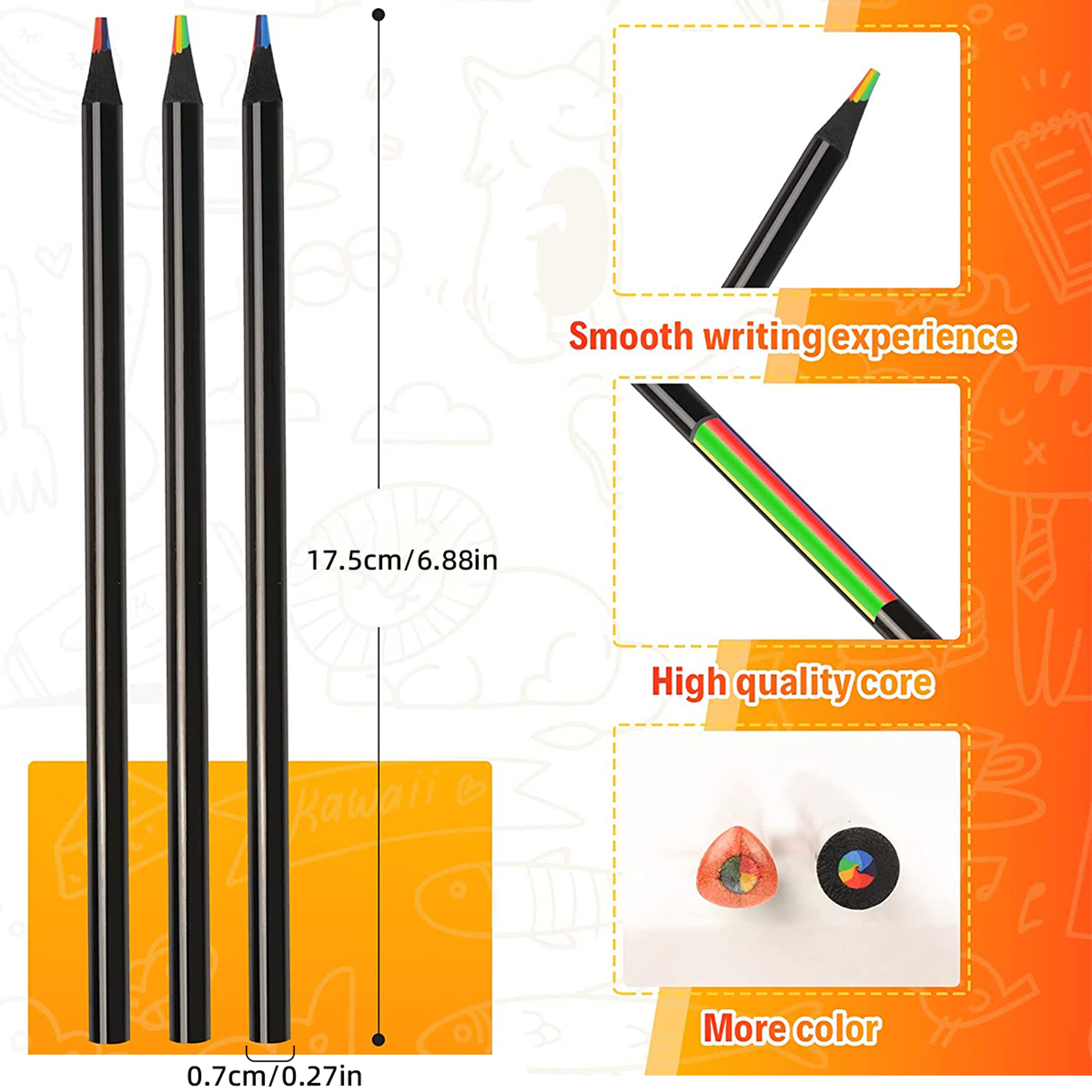 7in1 Rainbow Drawing Pencils Colored Black Wood Pencils for Sketching Doodling Coloring  Paint