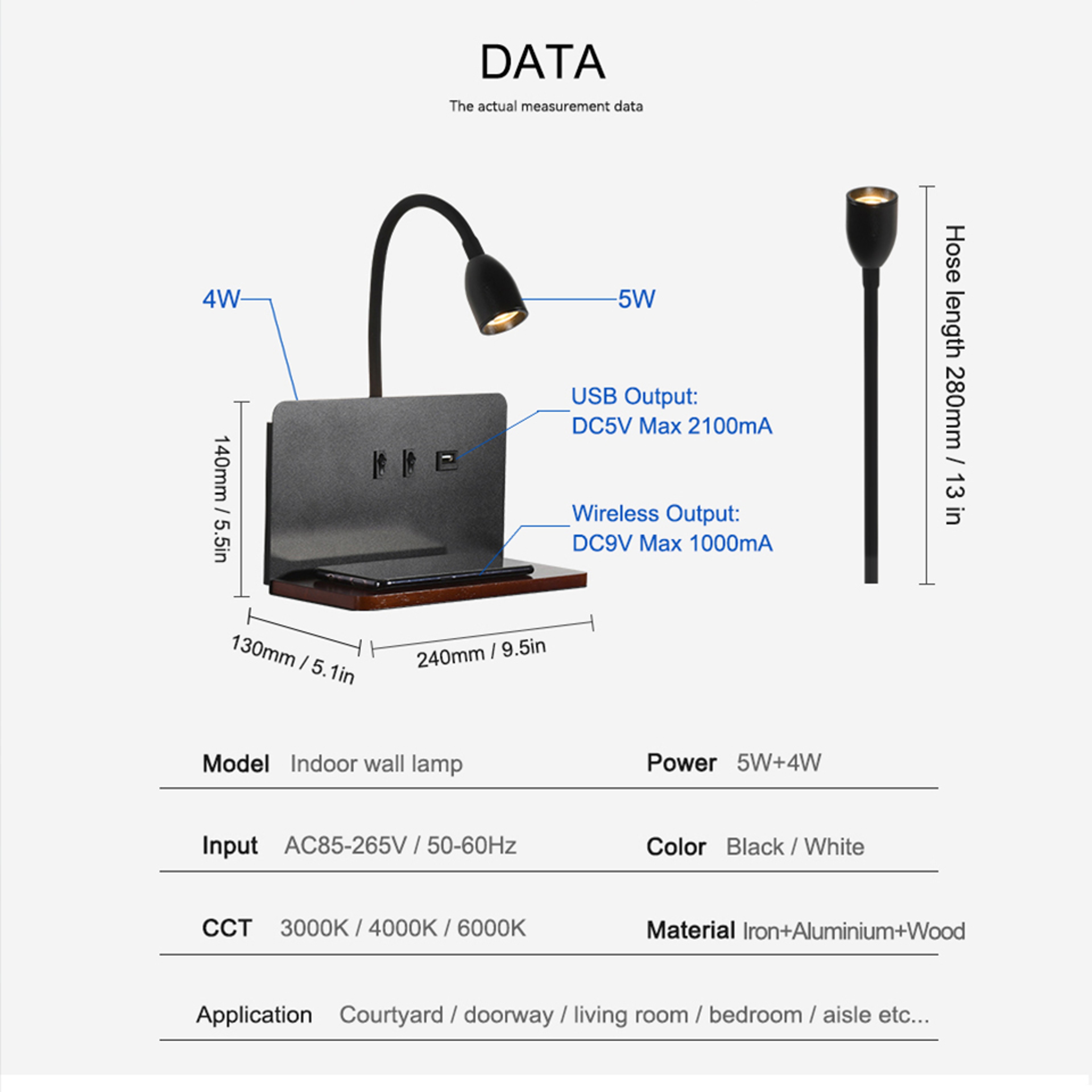 Wireless Charging LED Wall Lamp 360 Rotatable Indoor Light with USB Interface  Switch for Modern