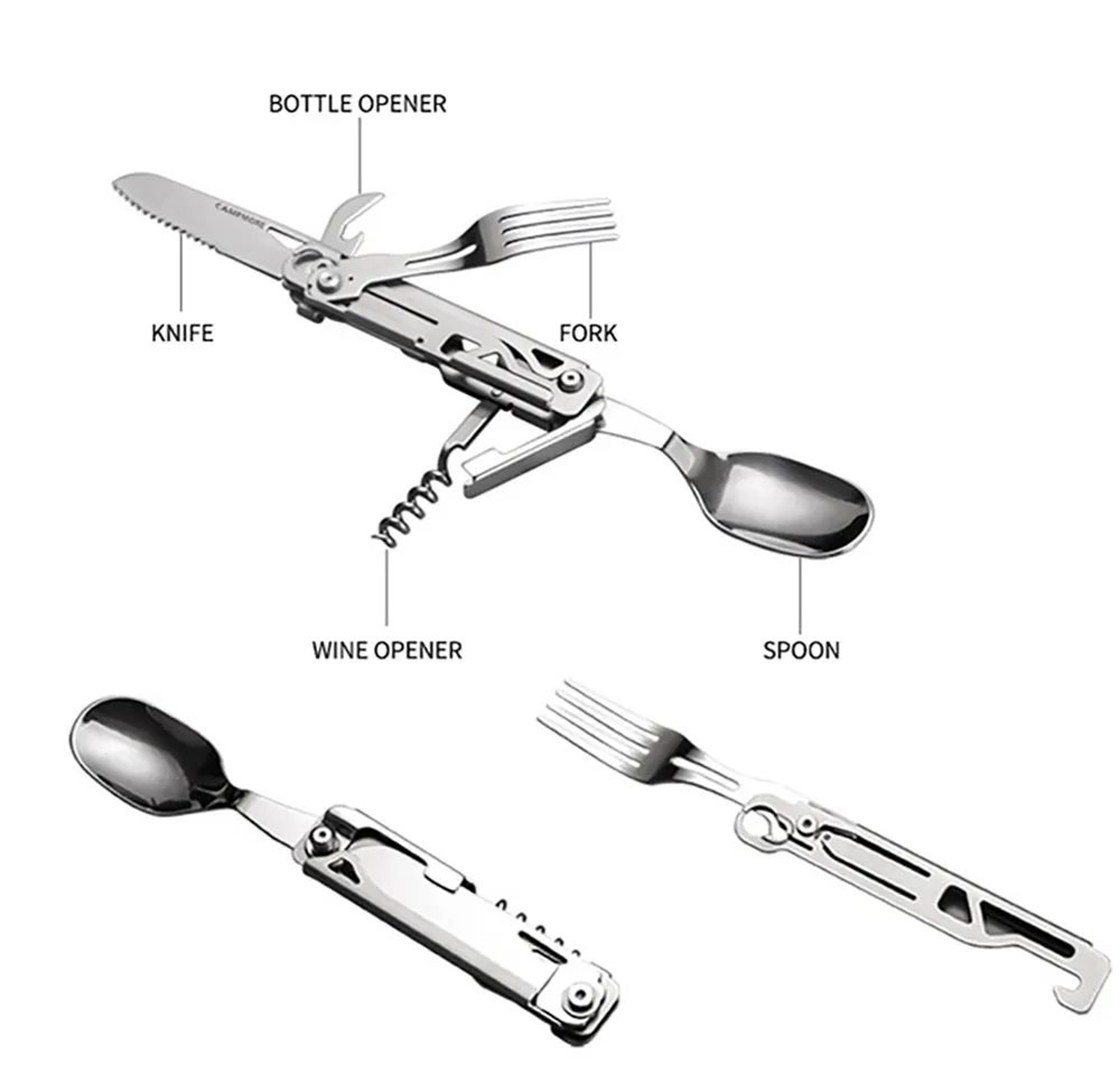 Portable Stainless Steel Camping Cutlery Set Knife Fork Spoon Opener Foldable Outdoor Equipment 3