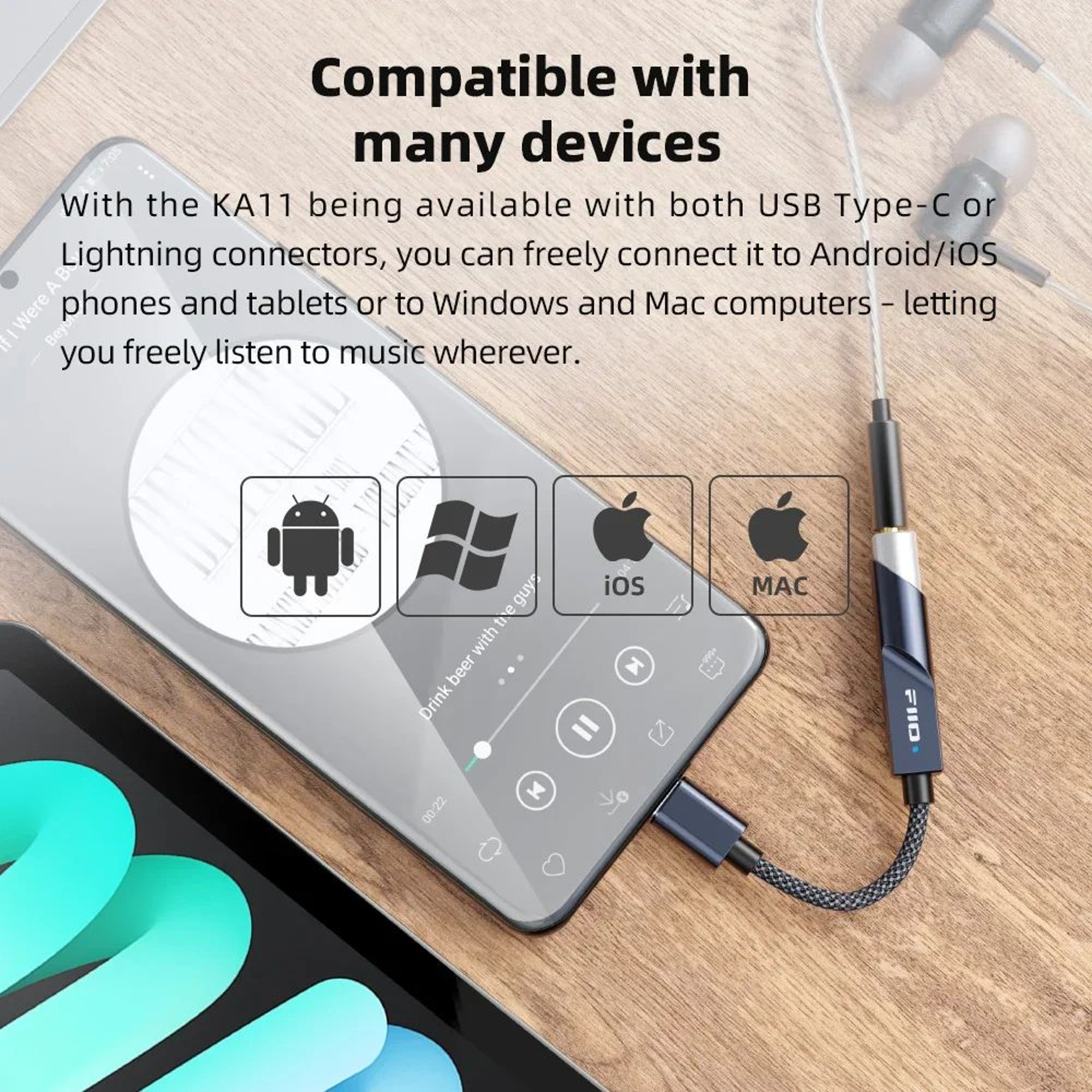 FiiO JadeAudio KA11 Titanium USB DAC AMP Hi Res Audio Dongle Type C To 35mm Adapter For Android IOS