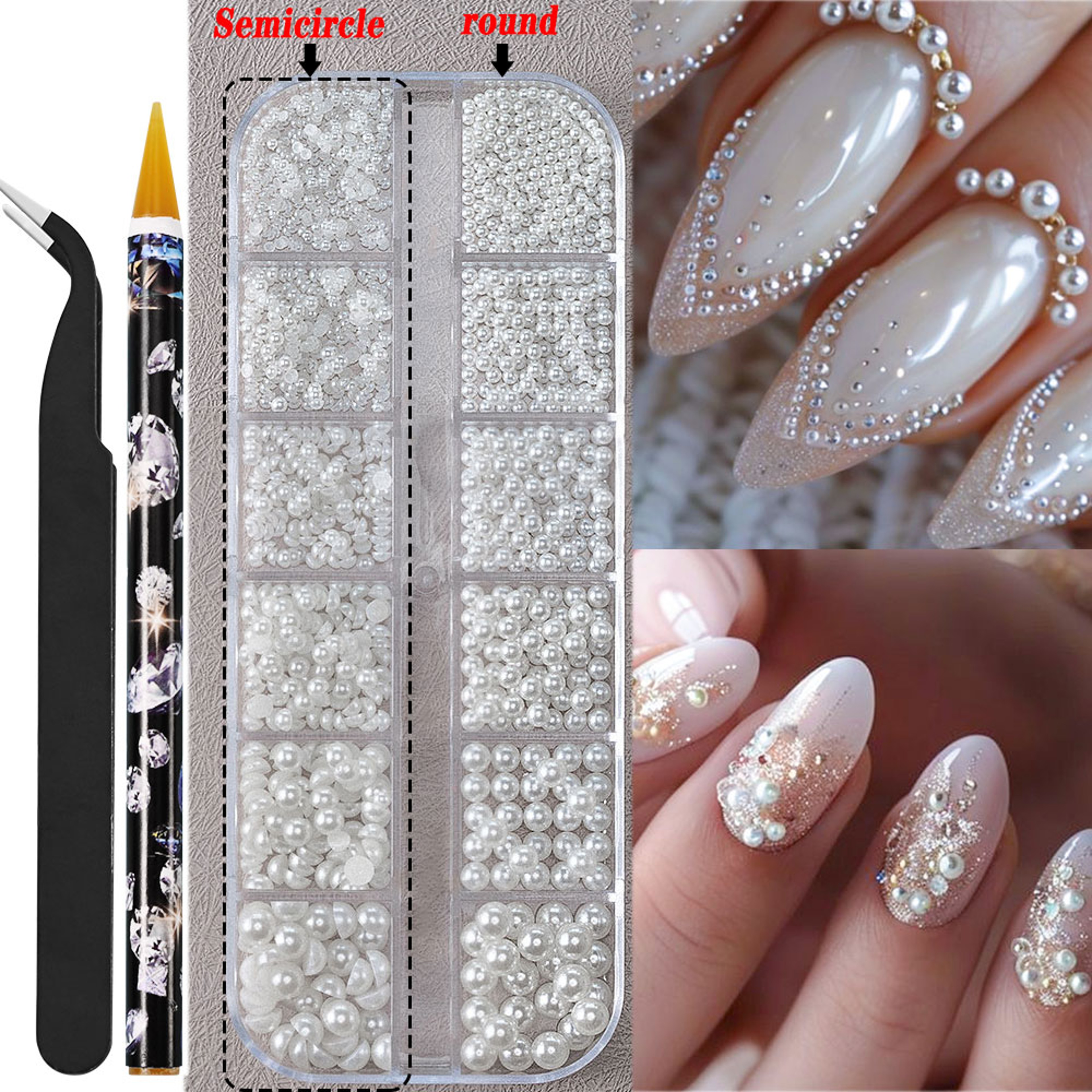 White Flatback Pearls Beads Nail Charms, 3D Nail Art Half Round Pearl Rhinestones for DIY Nail Jewelry & Craft – view 10