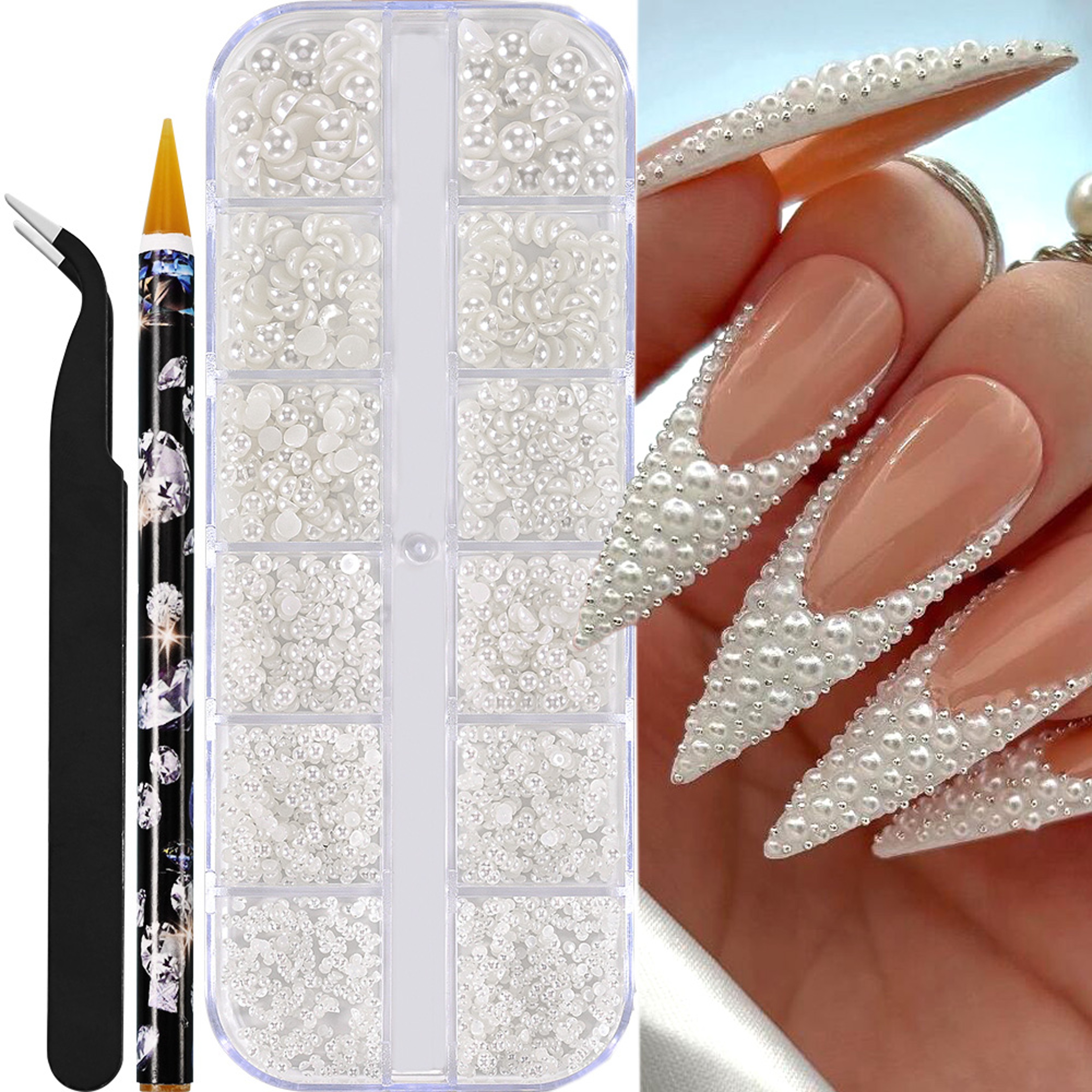 White Flatback Pearls Beads Nail Charms, 3D Nail Art Half Round Pearl Rhinestones for DIY Nail Jewelry & Craft – view 13