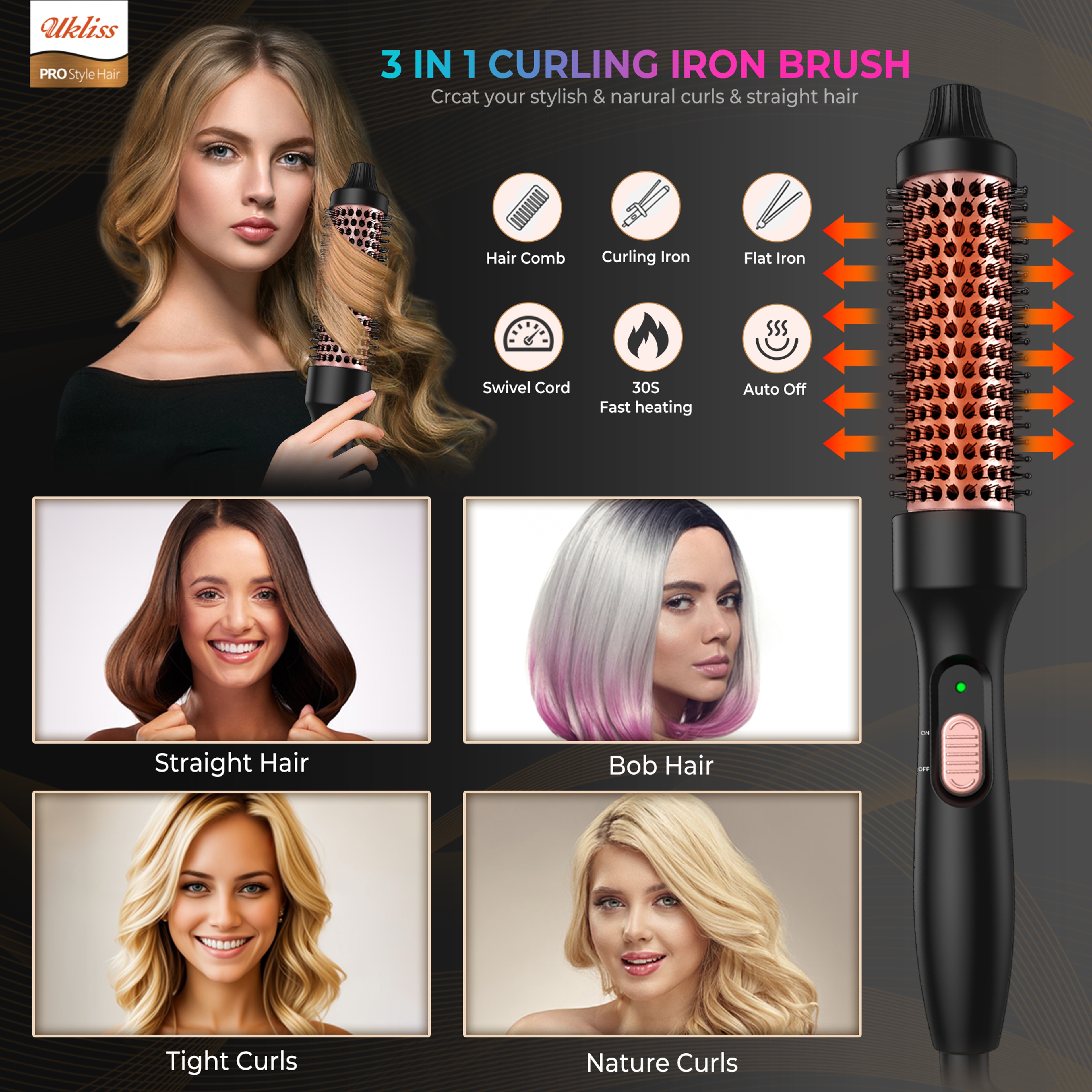 Hot Air Thermal Brush Hair Volumizer, 32mm Curling Iron, Straightener and Styling Brush for Salon Blowout – view 5