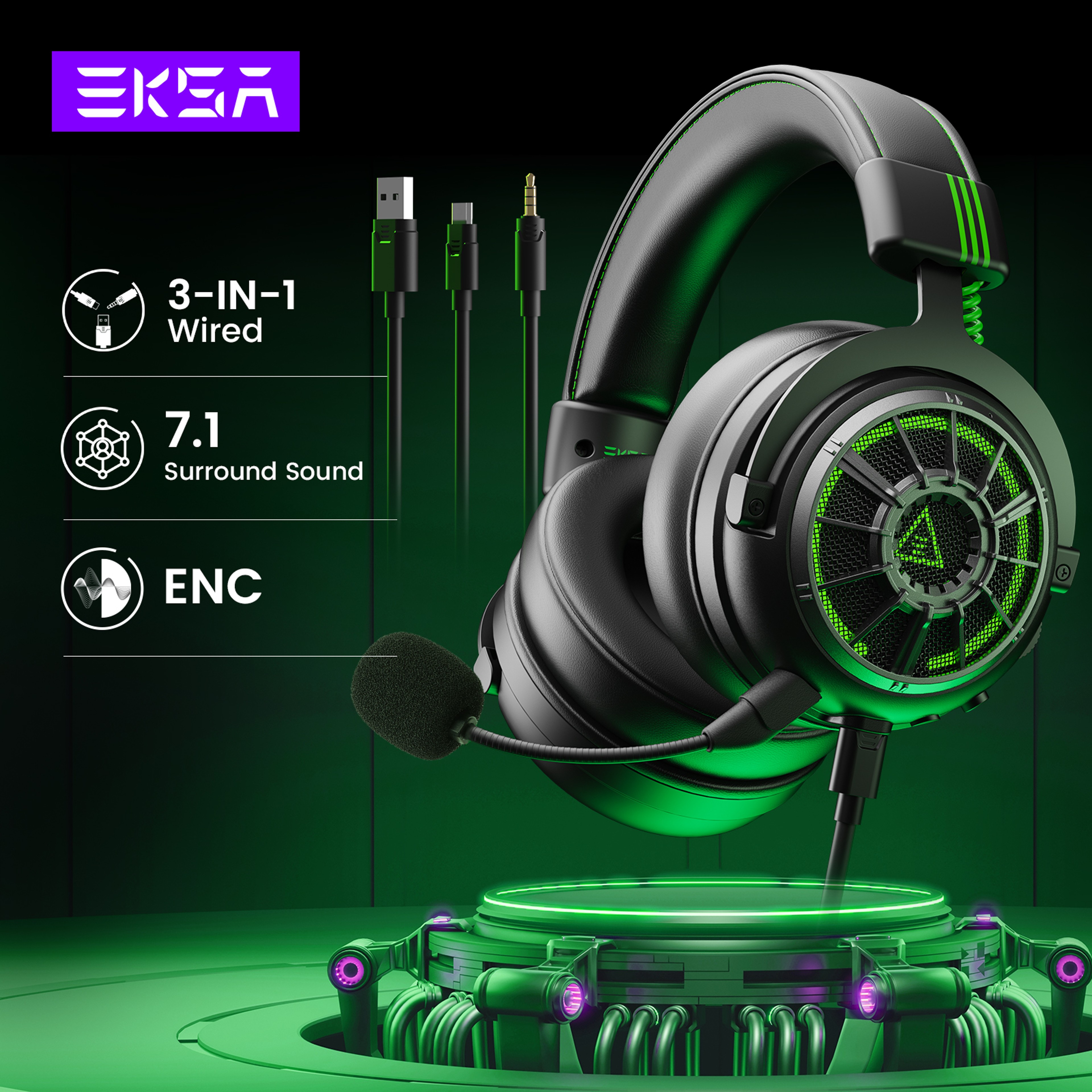 EKSA Pro Gaming Headset, USB Type C 3.5mm, 7.1 Wired Headphones with ENC Mic for PC PS4 Xbox Switch – view 1