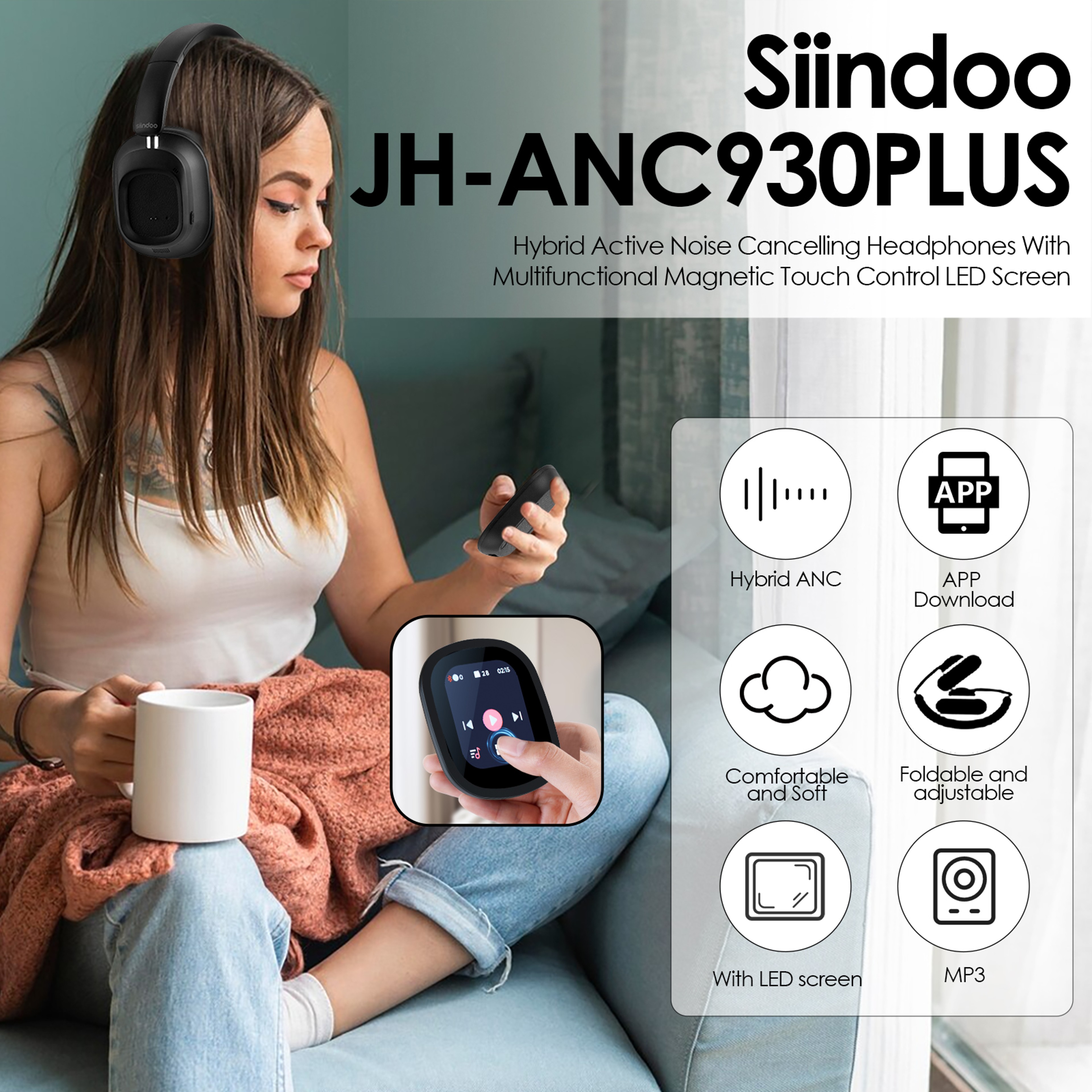Wireless Headphone, Hybrid ANC Headphones, Multi Magnetic Touch Control, LED Display, Long Battery – view 2