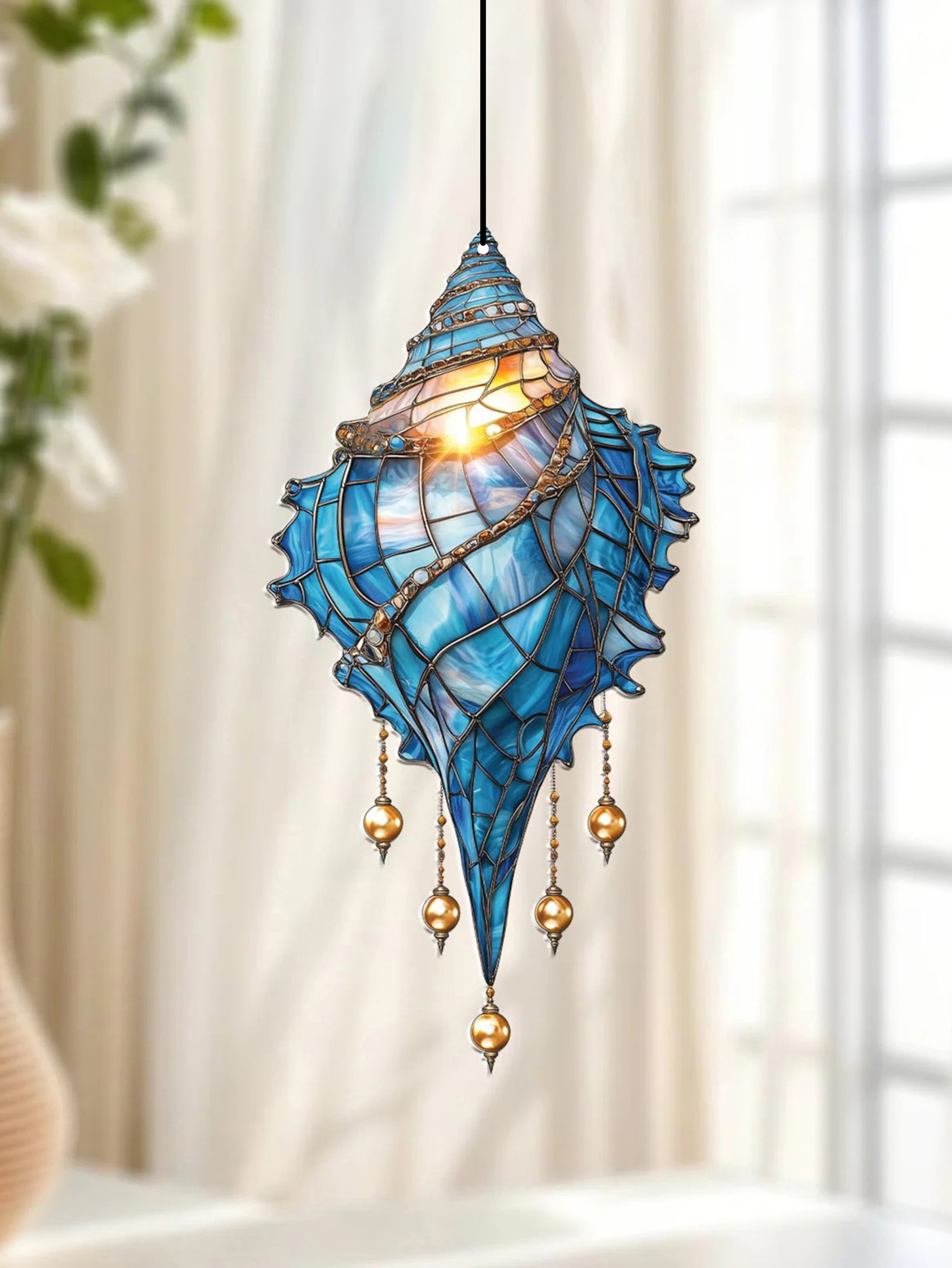 Blue Acrylic Conch Shell Window Suncatcher, Coastal Beach House Hanging Ornament, Garden Pendant, Home Decor Accent – view 1