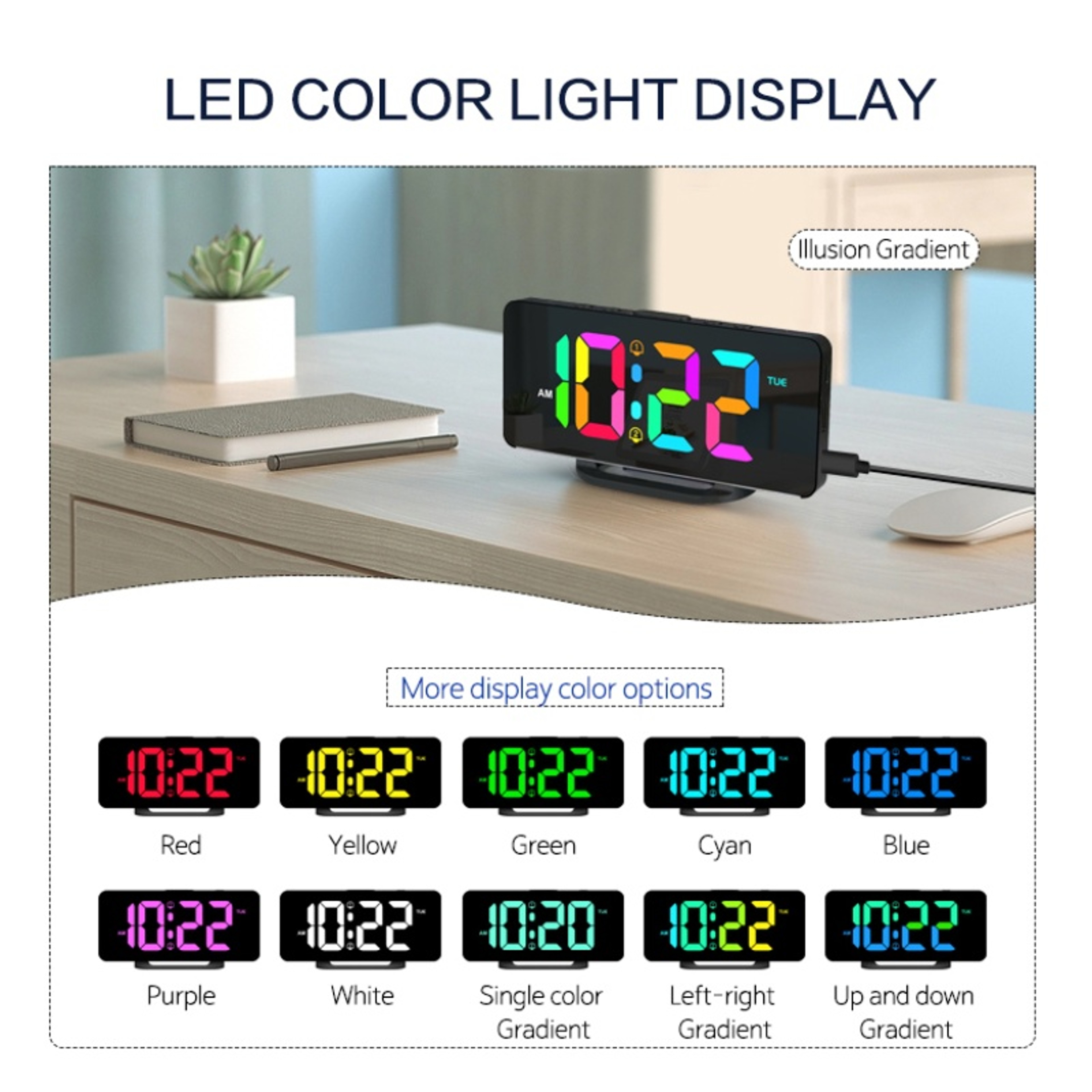 RGB Digital Alarm Clock, 2 Alarm Night Mode Table Clock, USB Output, RGB Mood Light, LED Clock 12 24H with Snooze – view 3
