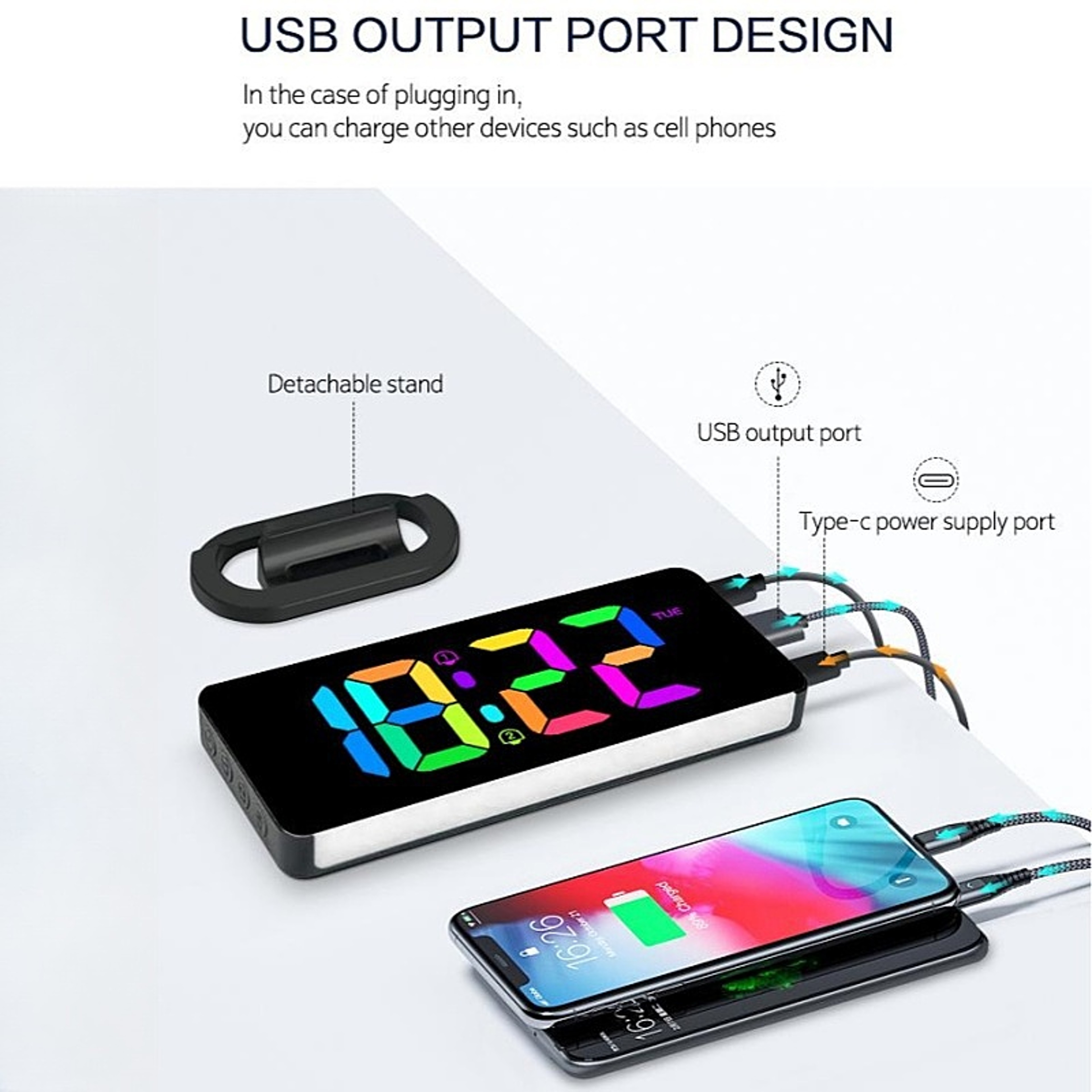 RGB Digital Alarm Clock, 2 Alarm Night Mode Table Clock, USB Output, RGB Mood Light, LED Clock 12 24H with Snooze – view 6