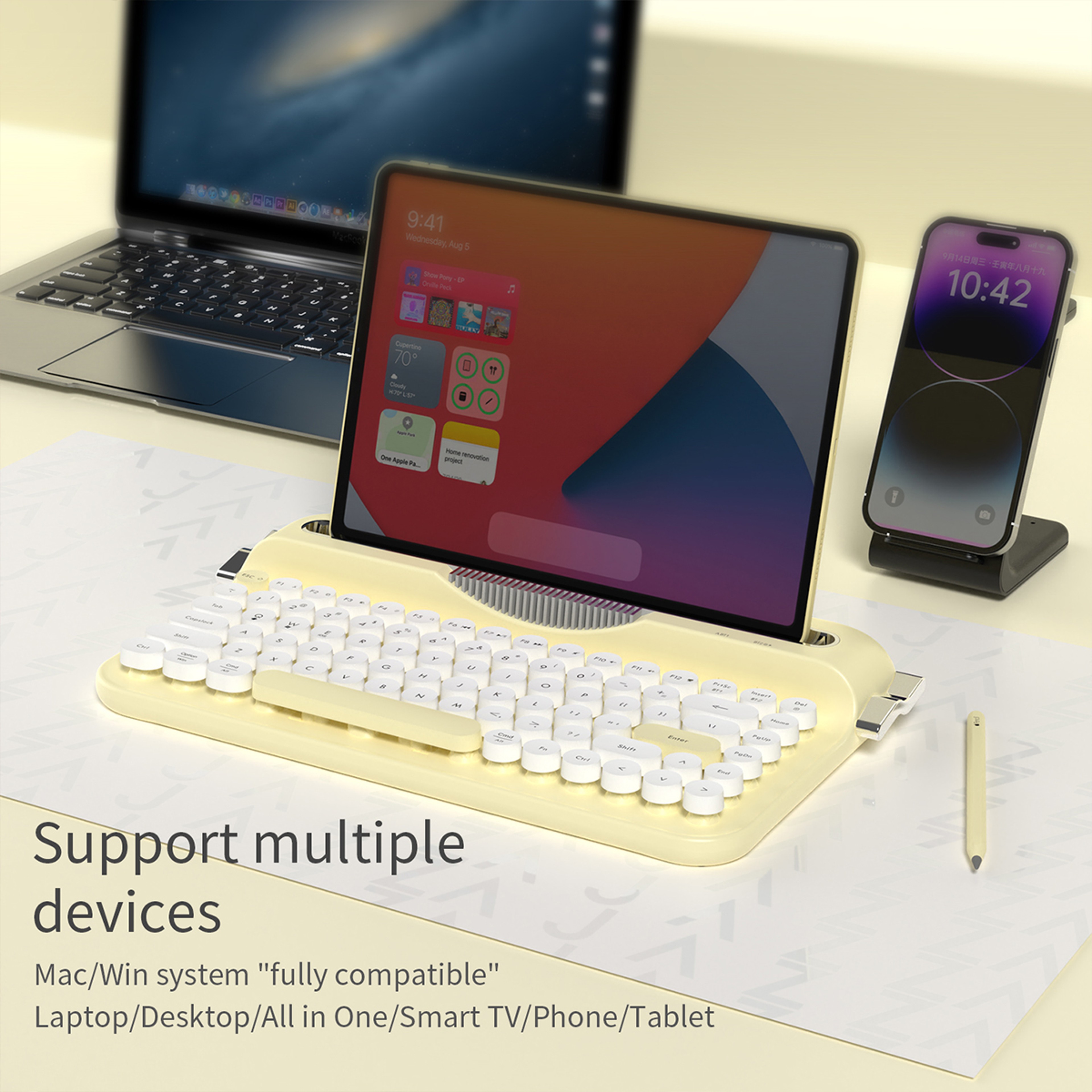 Wireless Keyboard, Retro Typewriter Style, Bluetooth 82-Key with Integrated Stand for iPad – view 3