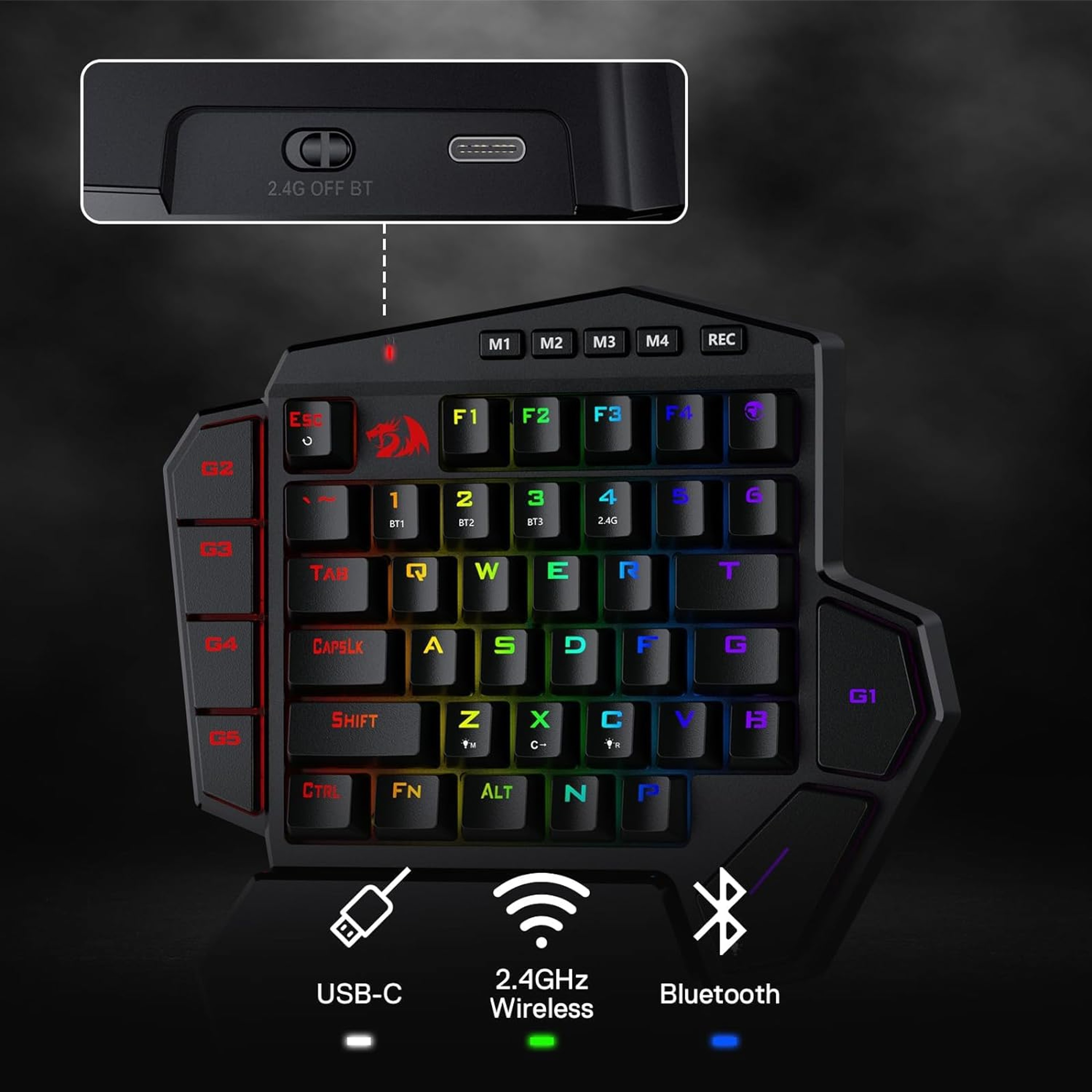 Redragon K585 PRO One Handed Wireless Gaming Keyboard, 42 Keys, 3 Mode RGB, 7 Macro Keys, Wrist Support – view 4