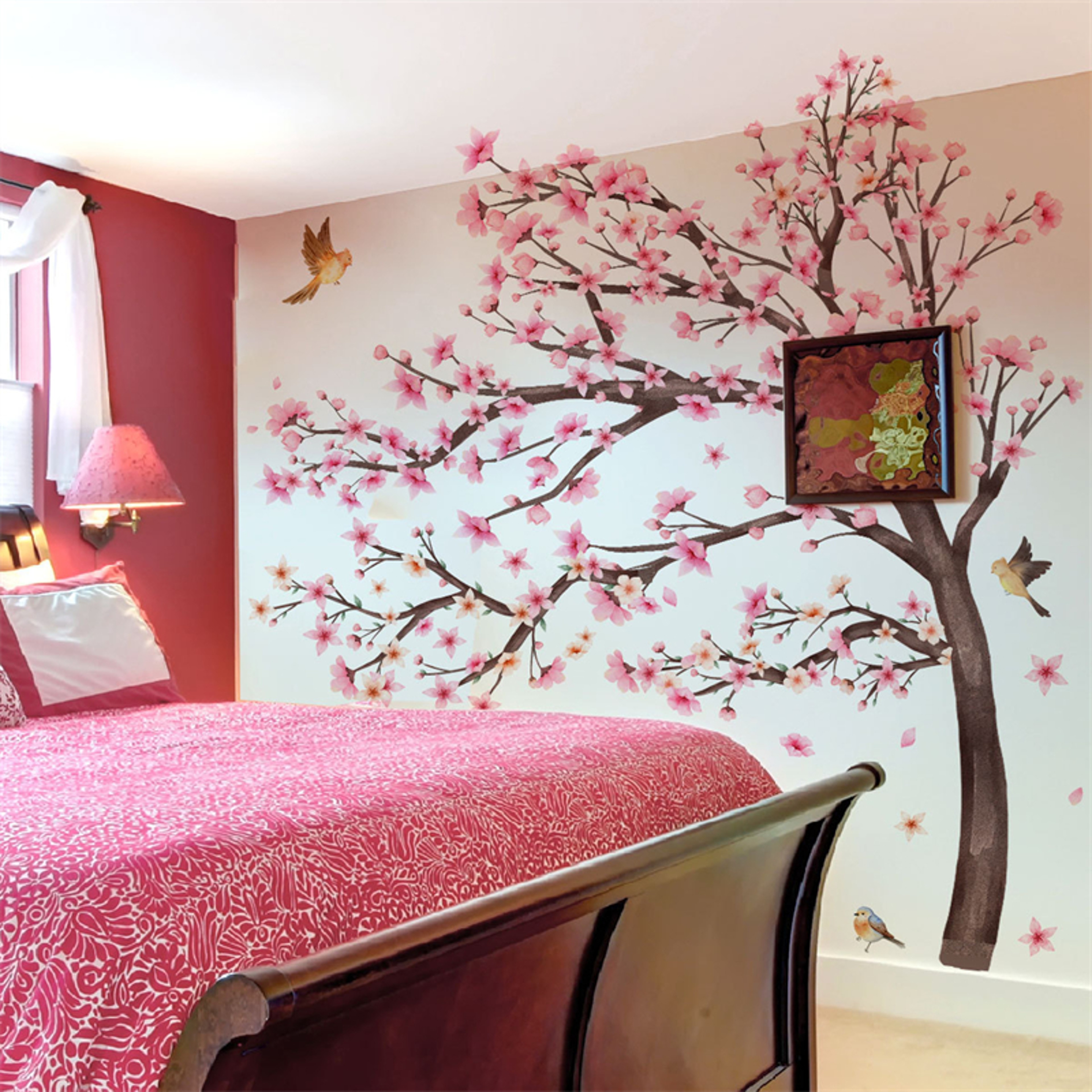 Extra Large Pink Cherry Blossom Tree Wall Stickers, Kids Room, Living Room Decoration with with Bird & Flower Decal – view 5