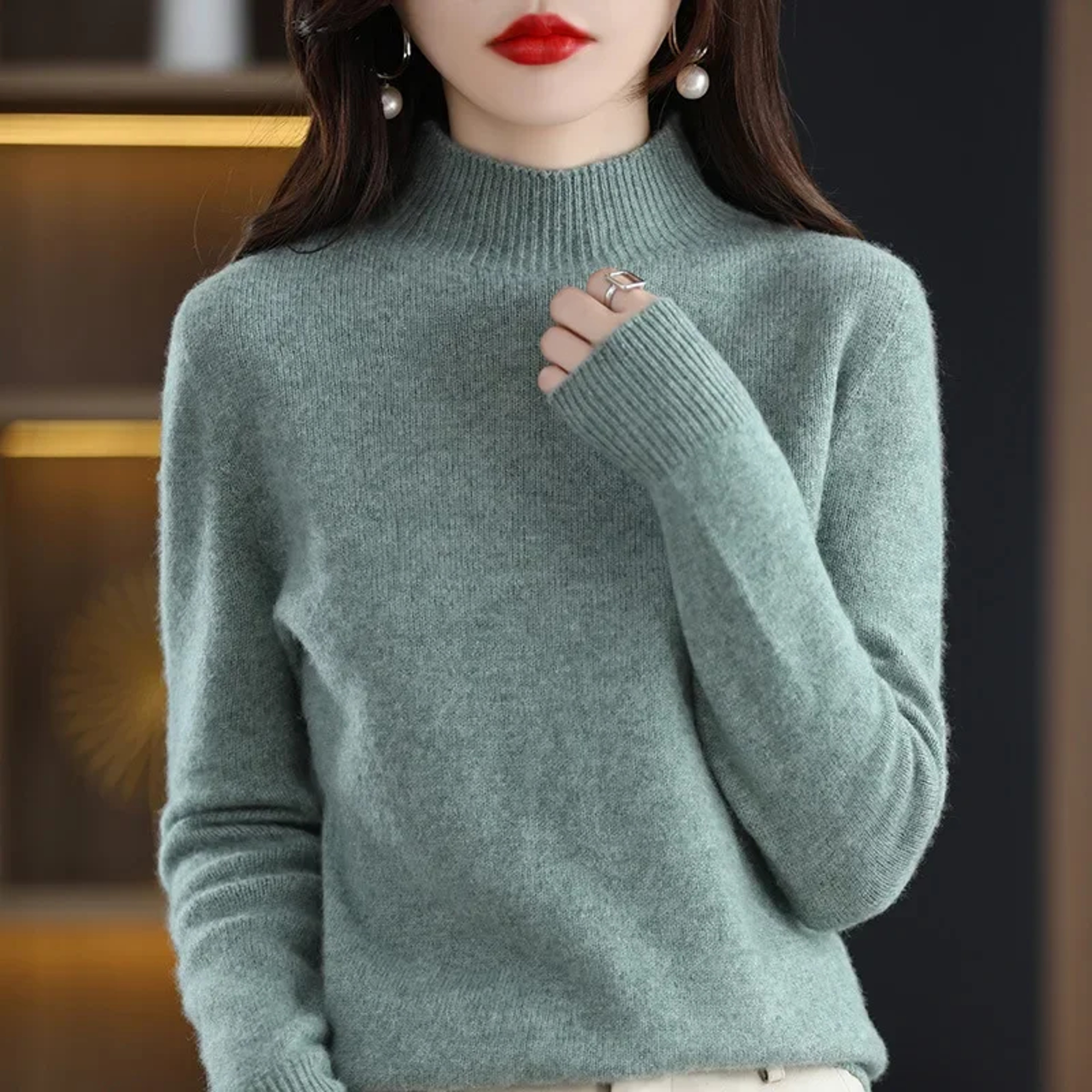 Autumn Winter Women Sweater, Fashion Warm Bottoming Shirts, Half High Collar Knitwear Solid Long Sleeve Pullovers – view 12