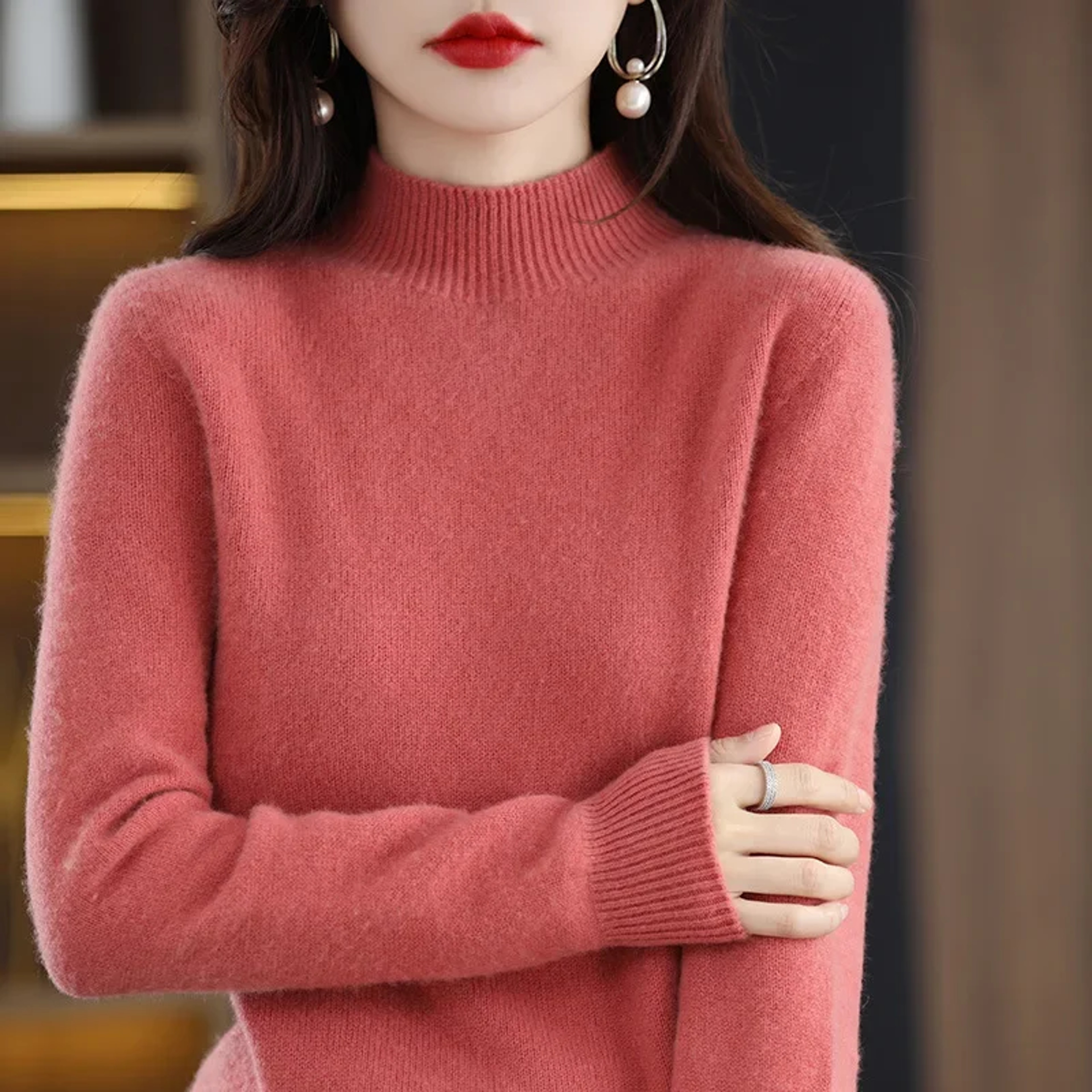 Autumn Winter Women Sweater, Fashion Warm Bottoming Shirts, Half High Collar Knitwear Solid Long Sleeve Pullovers – view 13