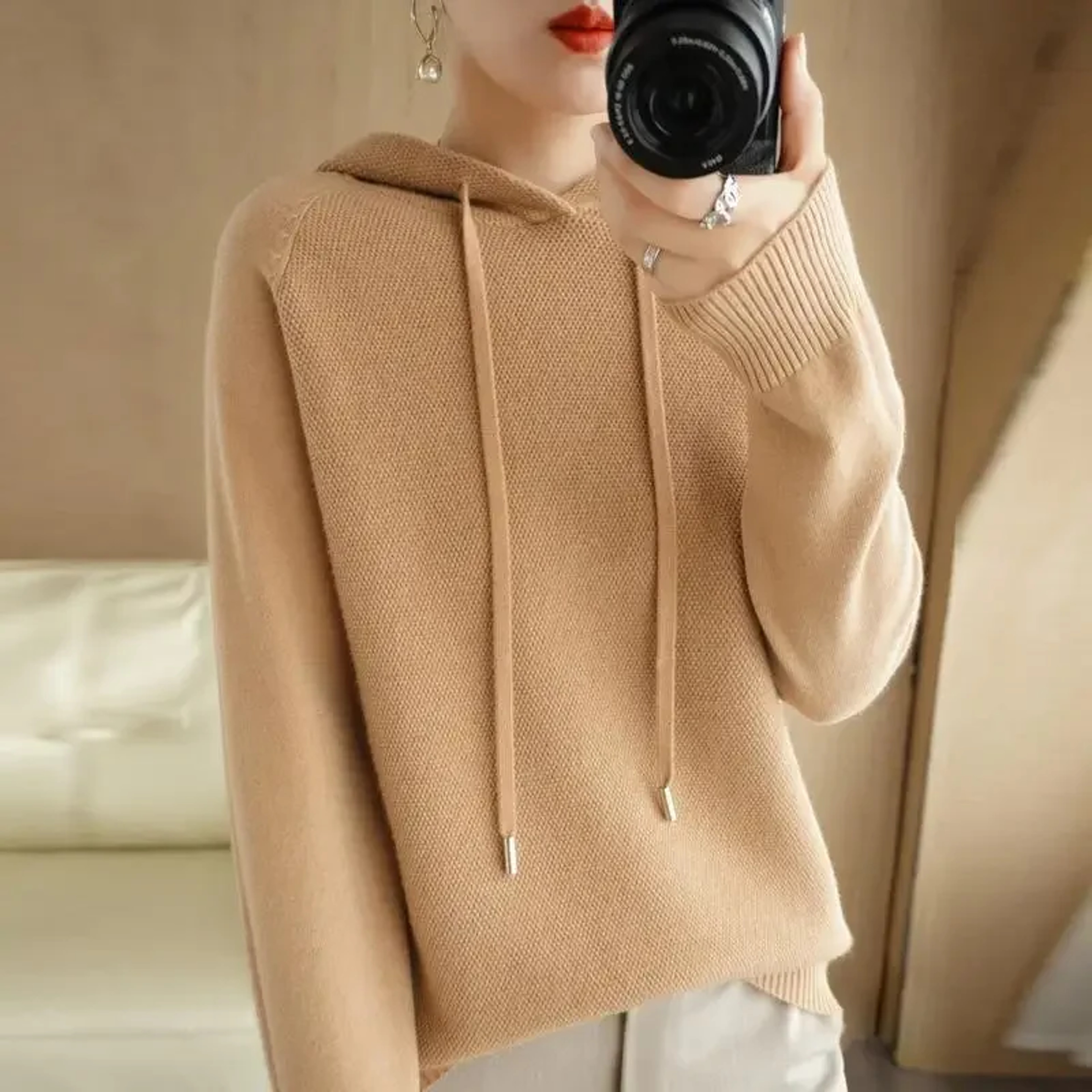 Hooded Sweater Woman, Autumn Winter Warm Knit Tops, Long Sleeve Pullover, Fashion Jumper, Solid Casual Bottoming – view 4