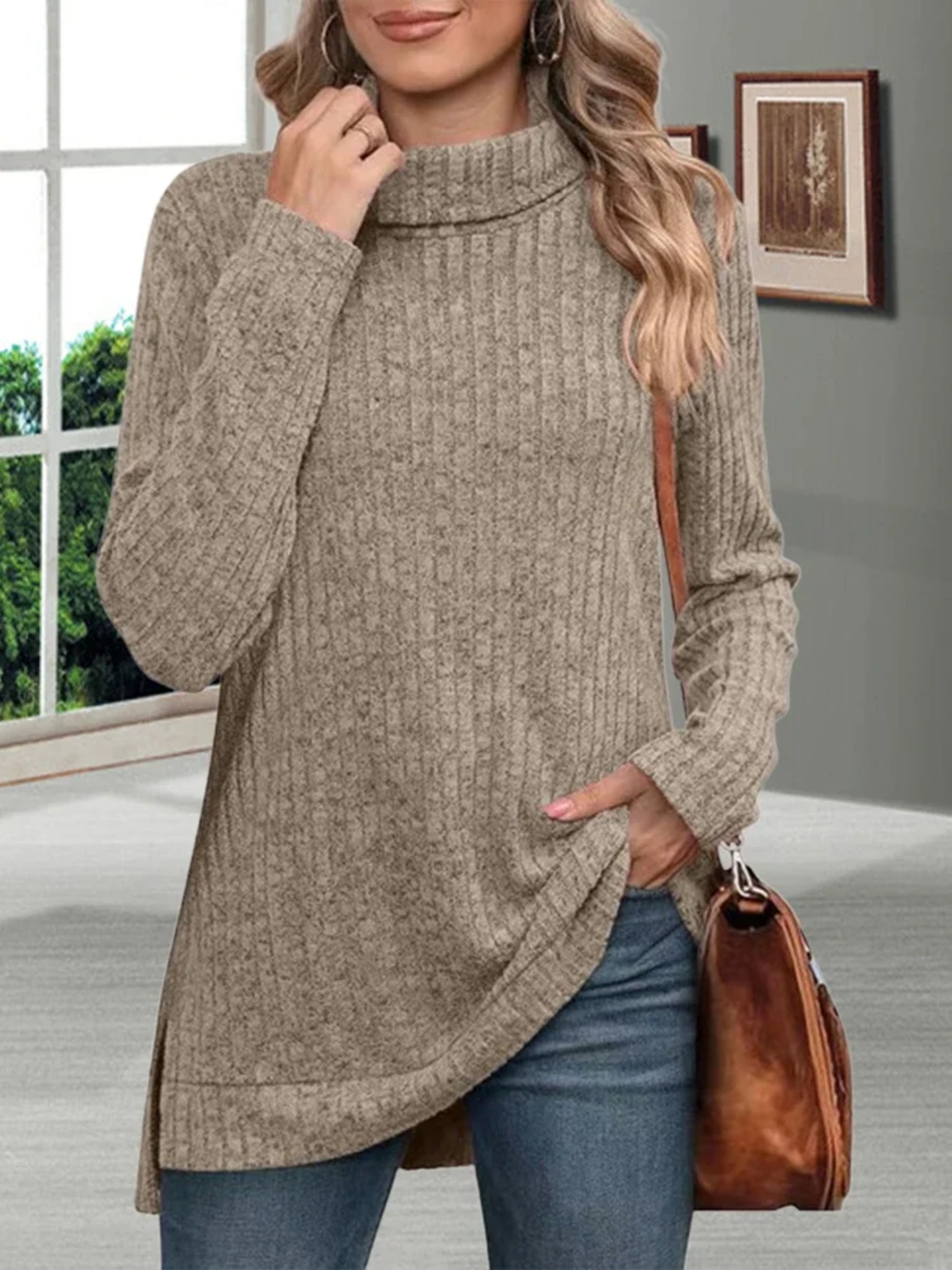 Winter Thick Cold Resistant Women Sweaters, Loose Knitted Turtleneck Ladies Pullovers, Striped Soft Long Sleeved – view 1