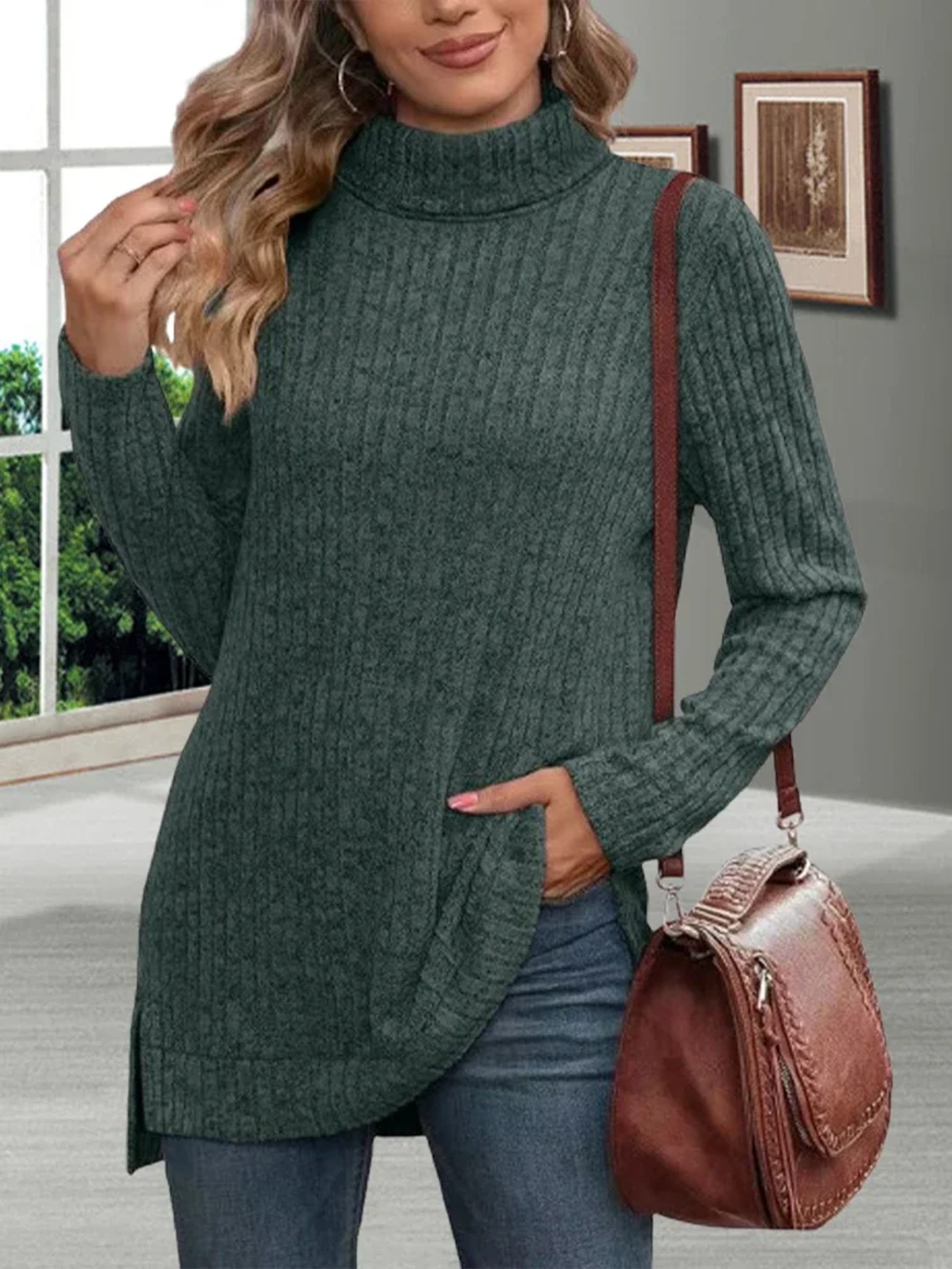 Winter Thick Cold Resistant Women Sweaters, Loose Knitted Turtleneck Ladies Pullovers, Striped Soft Long Sleeved – view 11