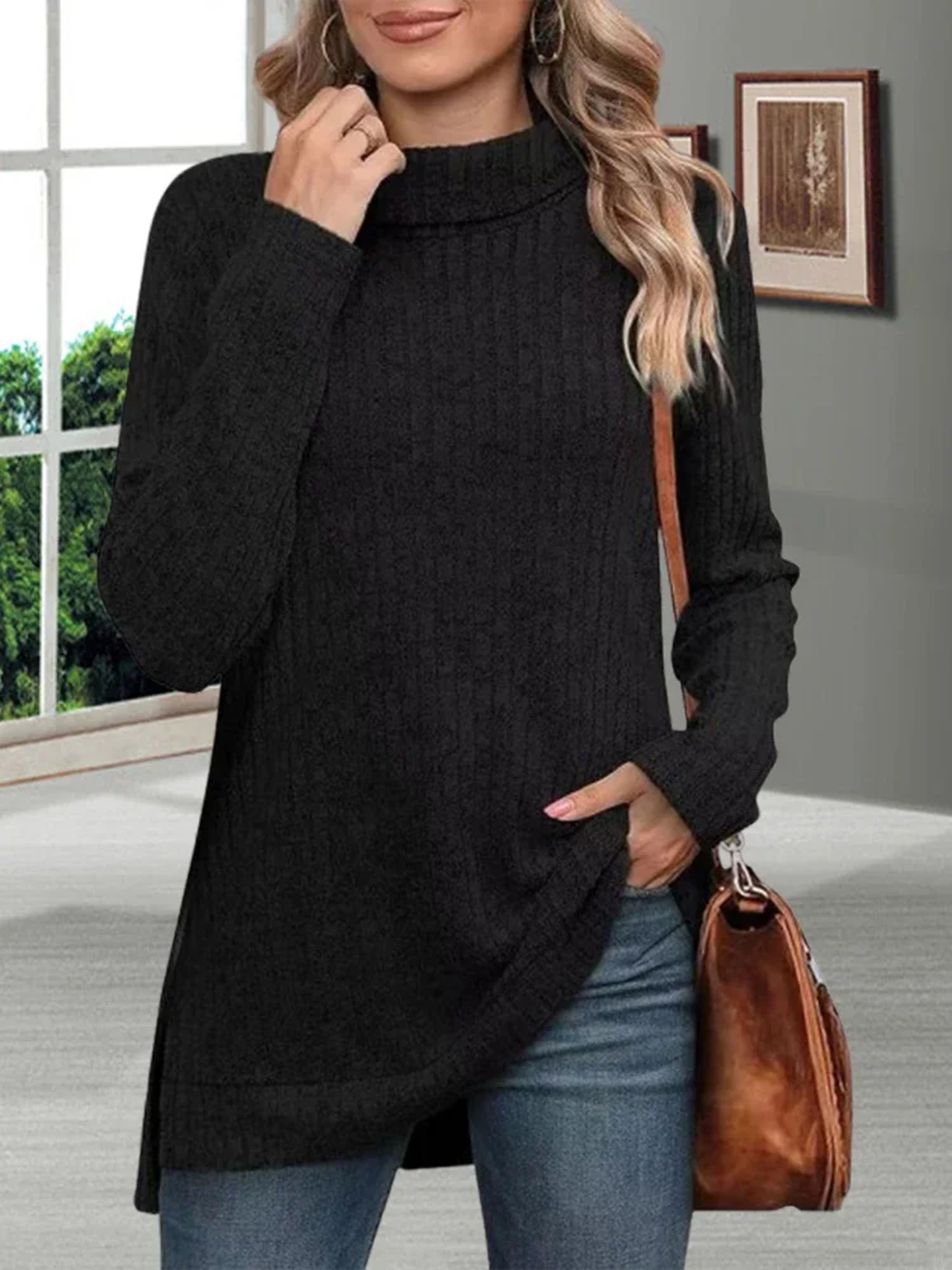 Winter Thick Cold Resistant Women Sweaters, Loose Knitted Turtleneck Ladies Pullovers, Striped Soft Long Sleeved – view 12