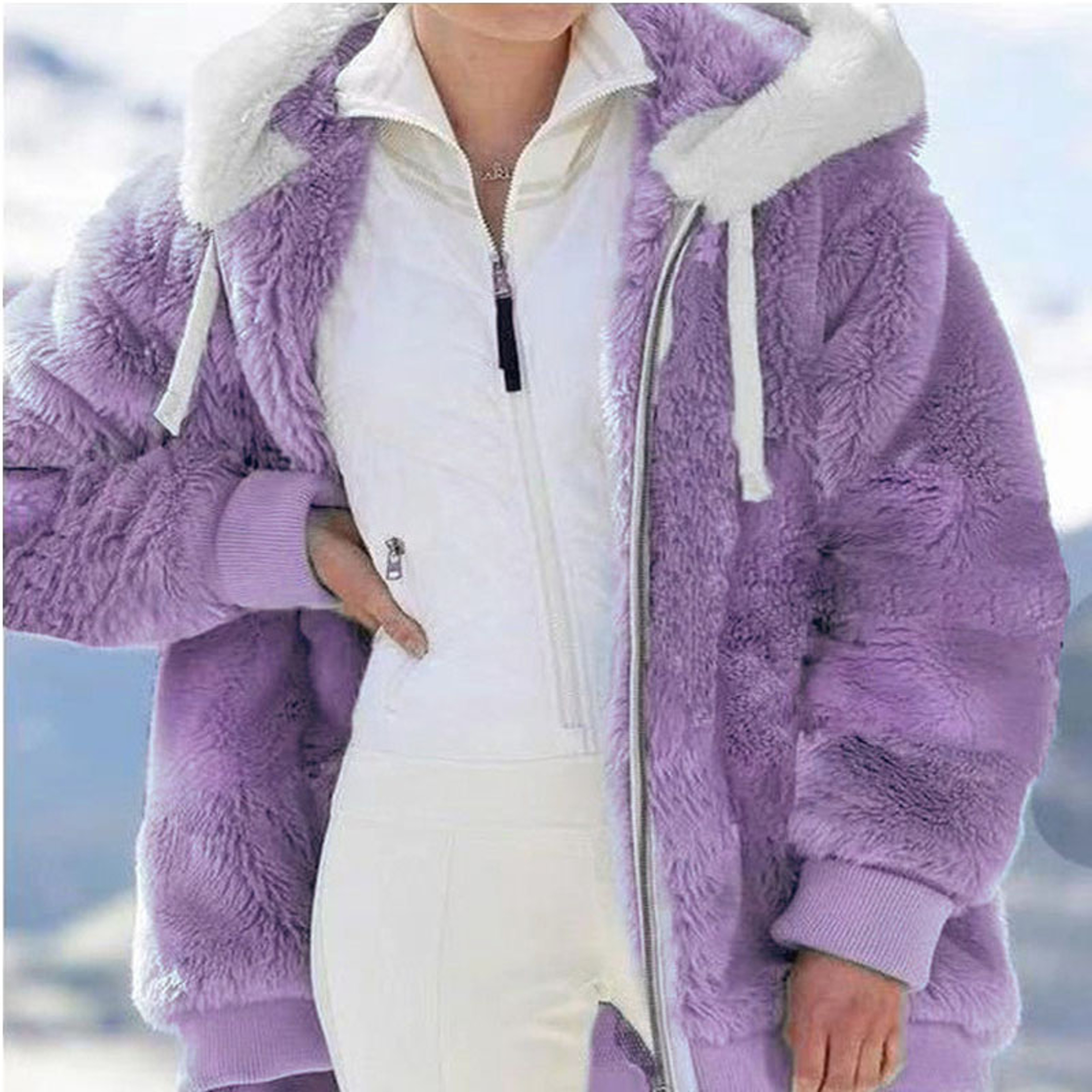 Womens Winter Jacket, Plush Fleece Coat, Oversized Casual, Hooded, Plaid, Solid Color, Warm Cashmere Feel – view 3
