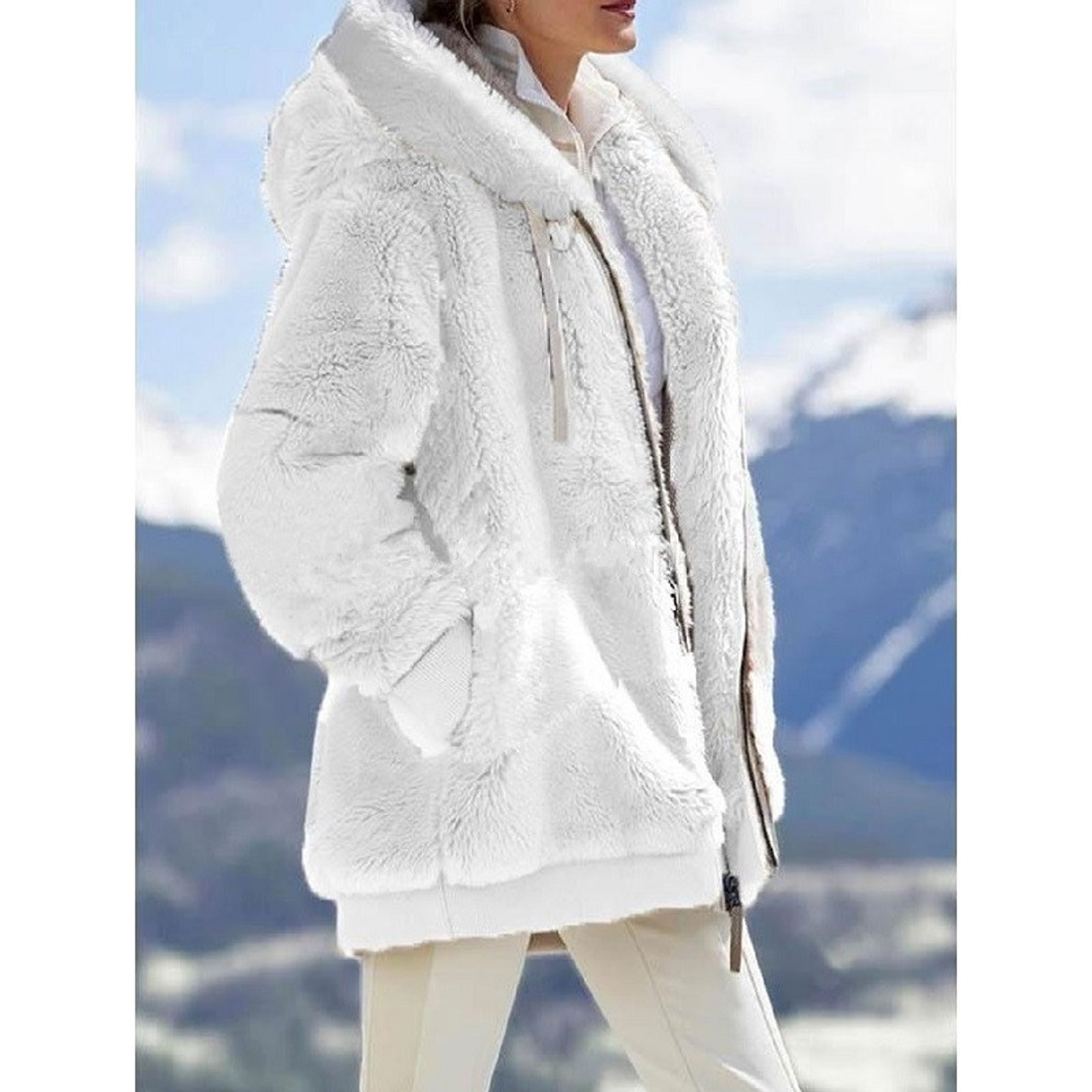 Womens Winter Jacket, Plush Fleece Coat, Oversized Casual, Hooded, Plaid, Solid Color, Warm Cashmere Feel – view 8