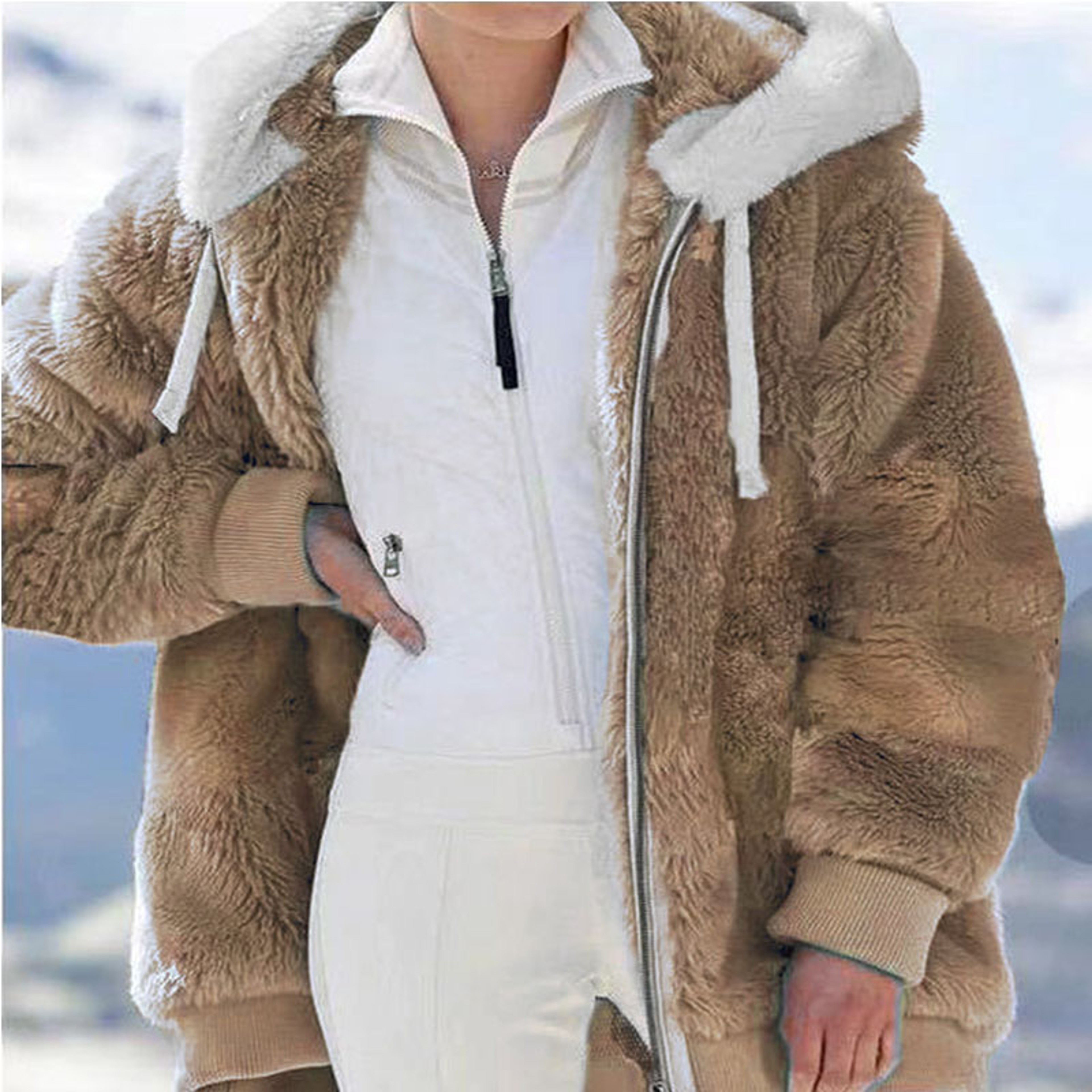 Womens Winter Jacket, Plush Fleece Coat, Oversized Casual, Hooded, Plaid, Solid Color, Warm Cashmere Feel – view 6
