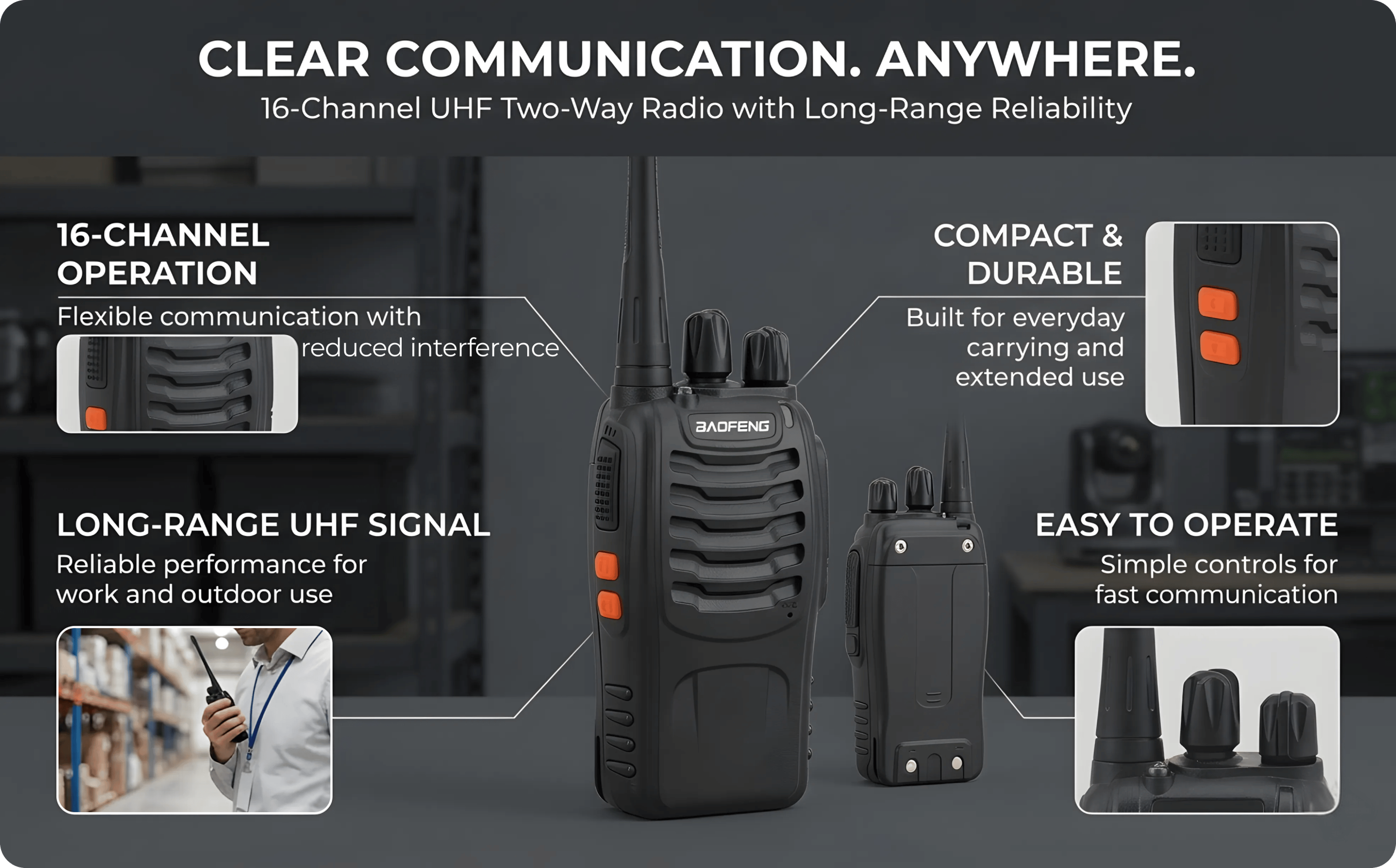 UHF Walkie Talkie 16 Channel Two Way Radio with Earpiece, Long Range Portable Transceiversss – view 8