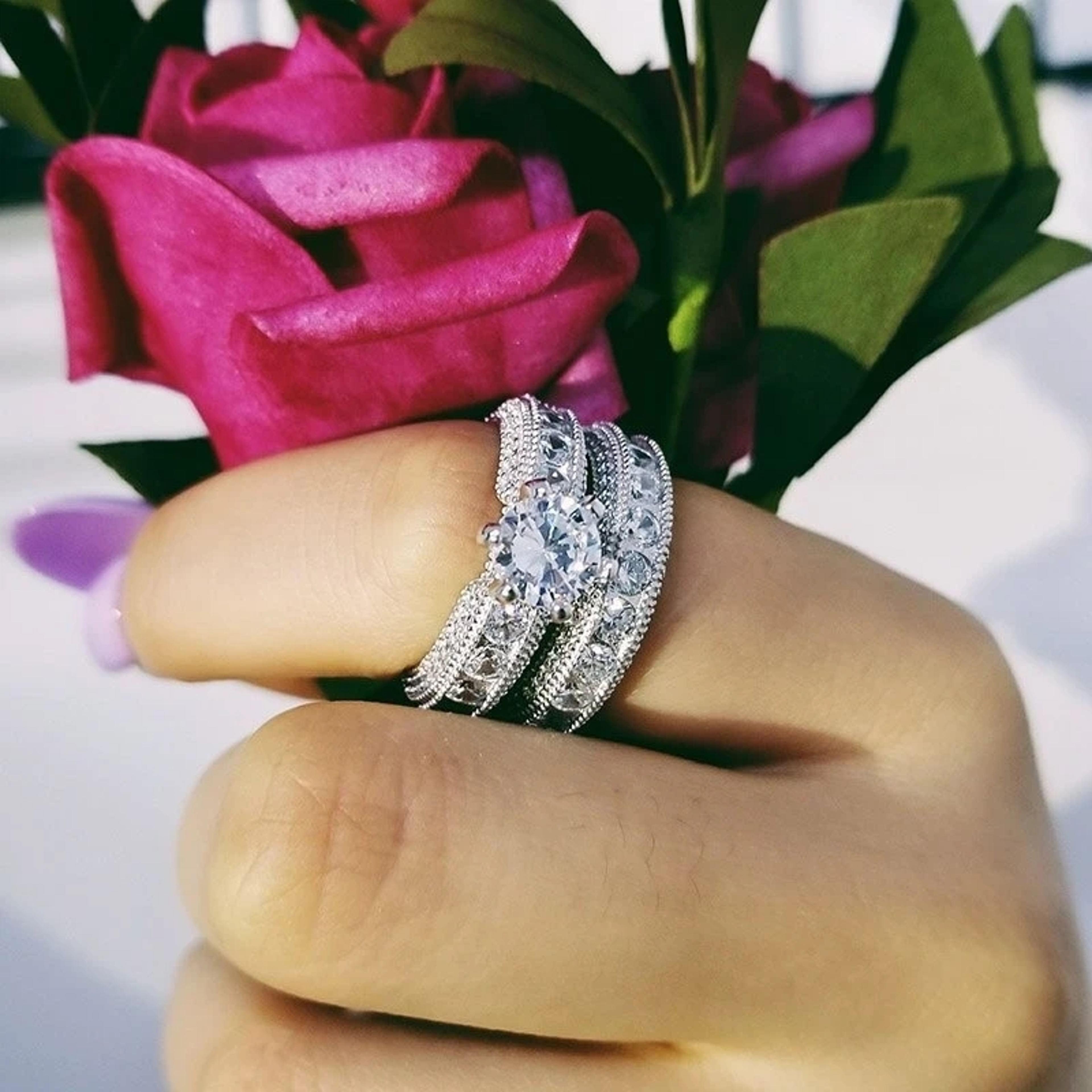 SmWsExquisiteFashionNewDesignSilverColorZirconWeddingRingSetforWomenEngagementFingerAn