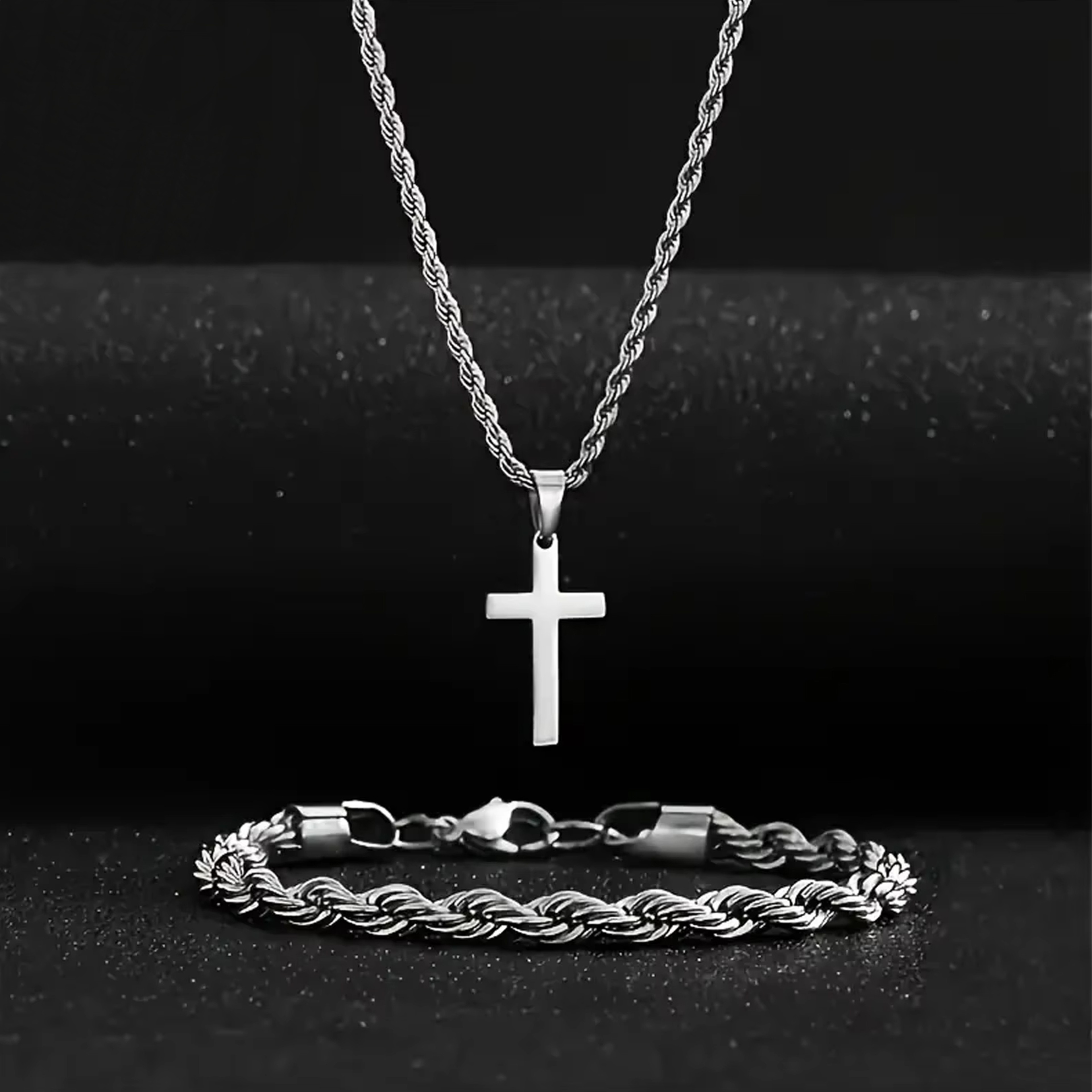 Durable Twisted Rope Cross Necklace And Bracelet Set Stainless Steel Jewelry Simple Casual Style Gi 2