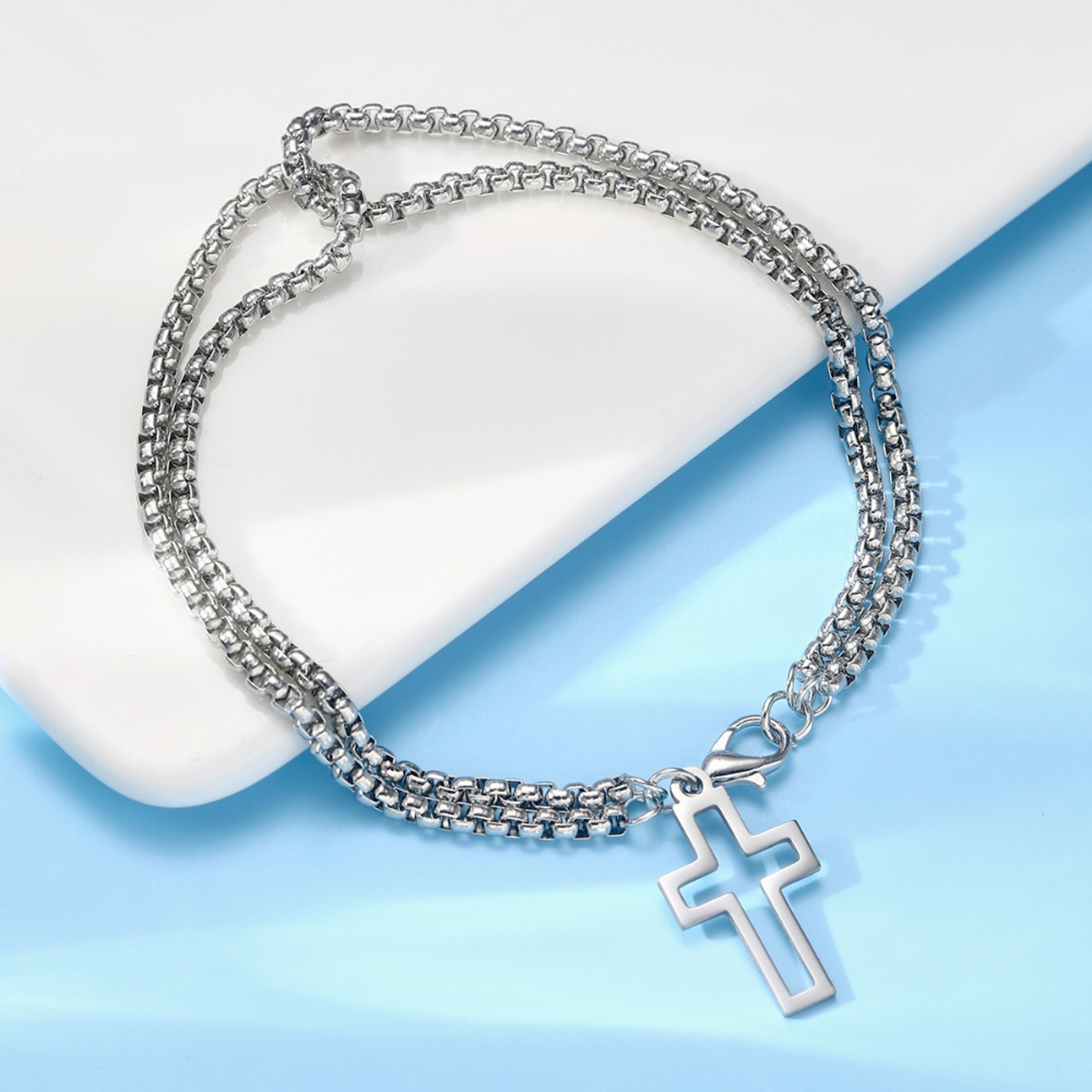 Punk Cross Hollow Wrist Bracelet Double Chain Stainless Steel Retro Jewelry For Men Women Lobster C 2