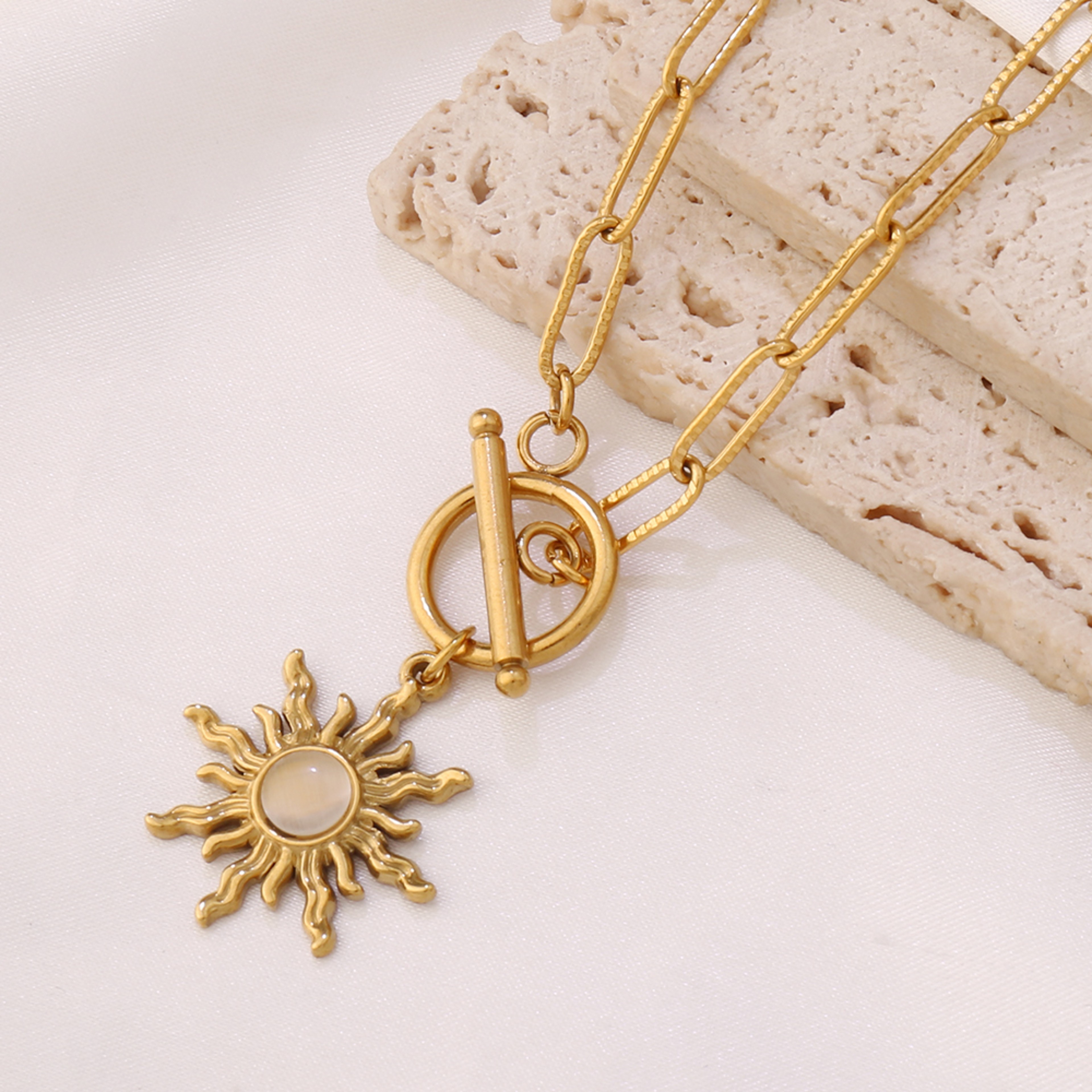 Gold Color Stainless Steel Sun Pendant Necklace For Women Turquoise Charms Clavicle Chain Necklaces 7