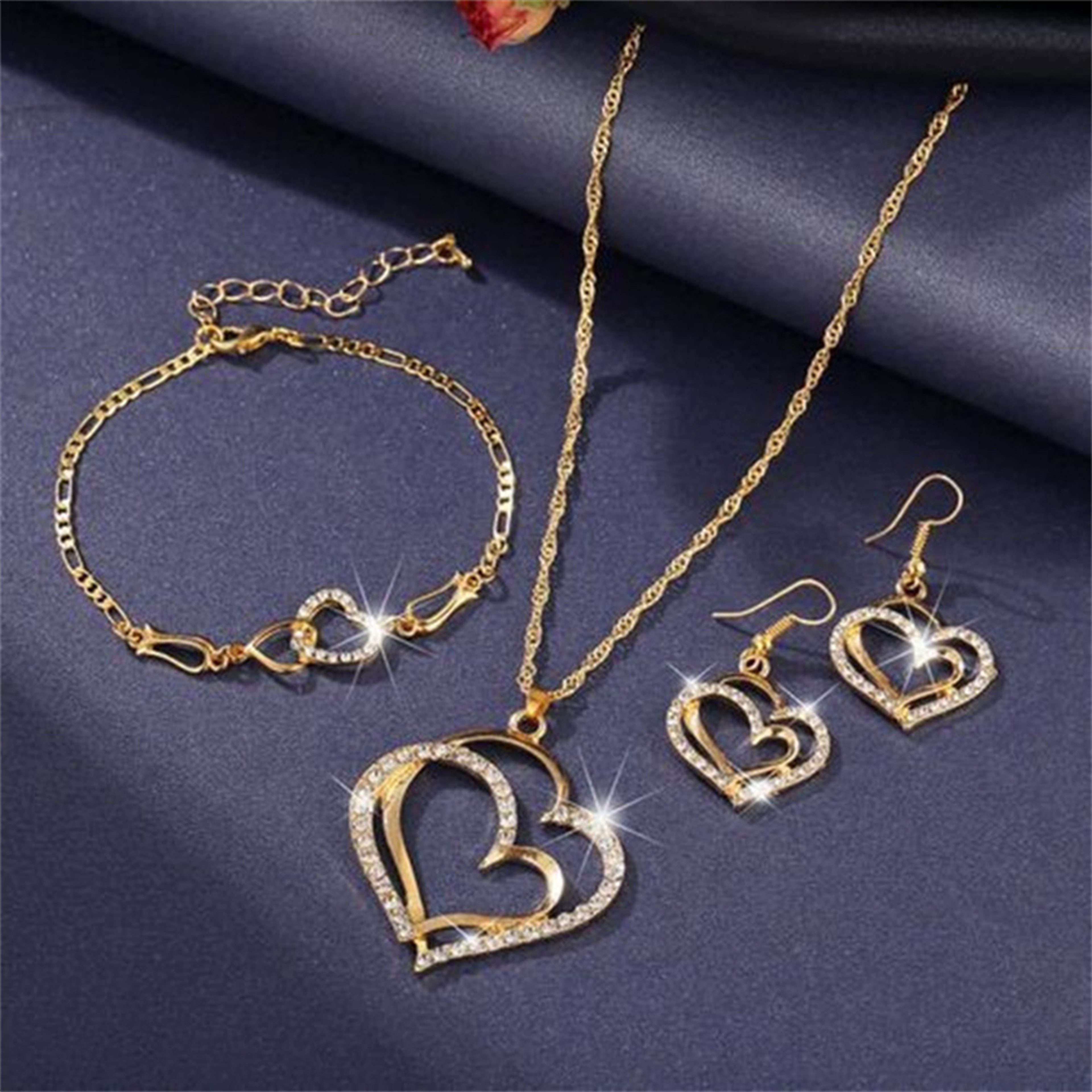 dK0VExquisiteDoubleHeartNecklaceEarringsBraceletJewelrySetCharmLadiesJewelryFashionBrida