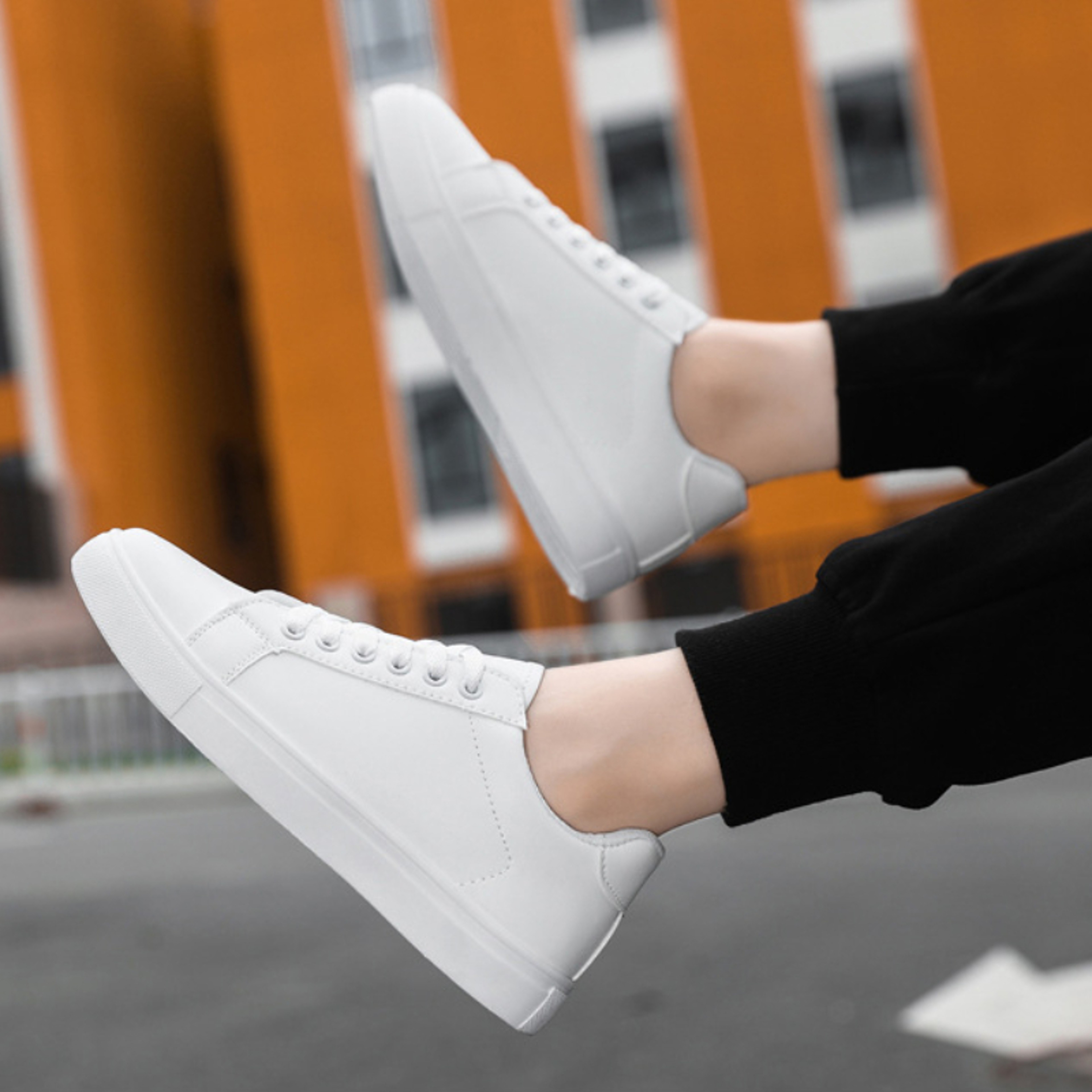 Mens White Black Comfortable Casual Shoes, Lightweight Solid Skateboard Sneakers for Walking, Durable Leisure Footwears – view 6