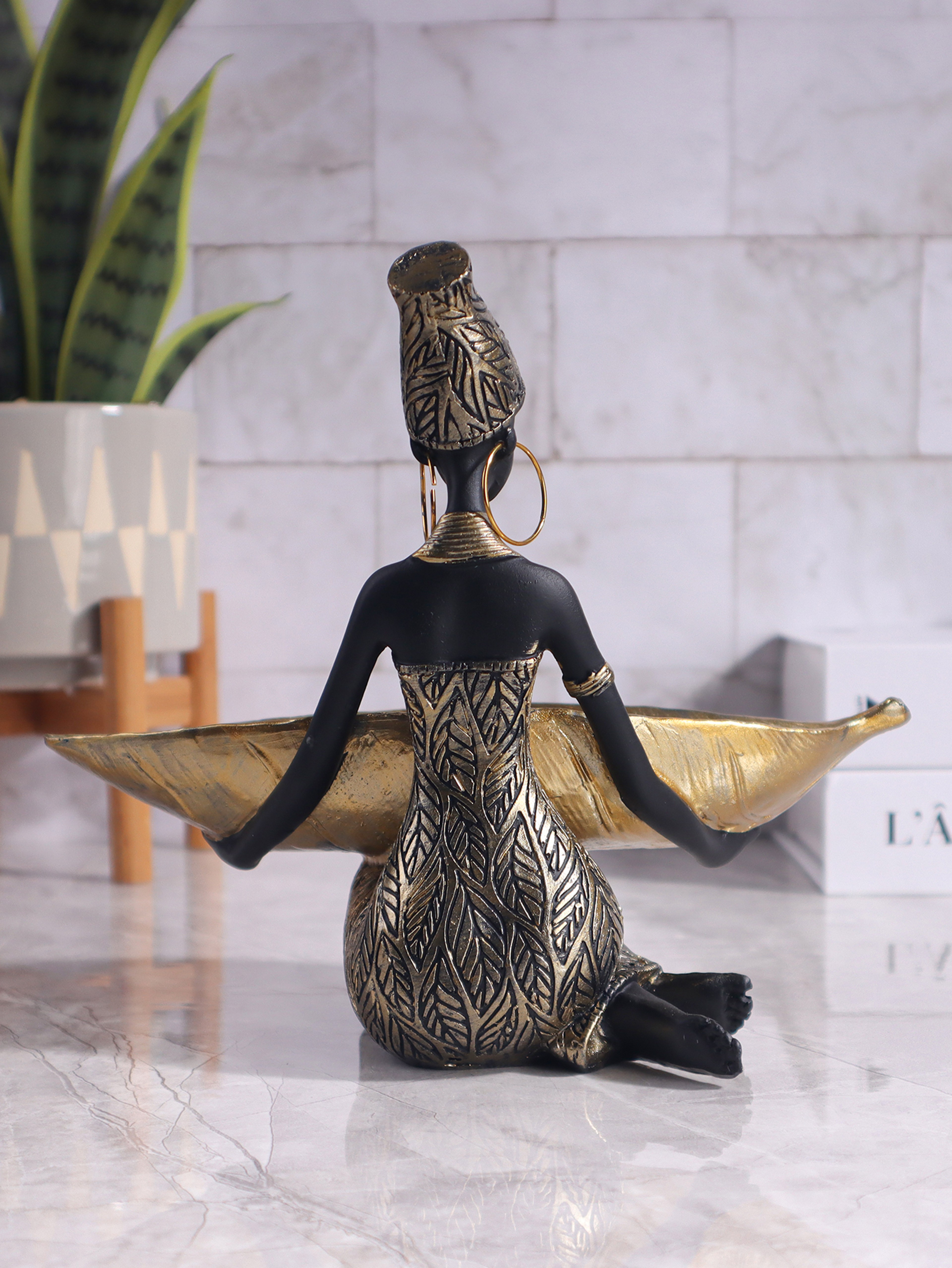 African Girl Holding a Plate Sculpture for Home and Office, Vintage Decorative Storage Ornament & Collectible Craft – view 2
