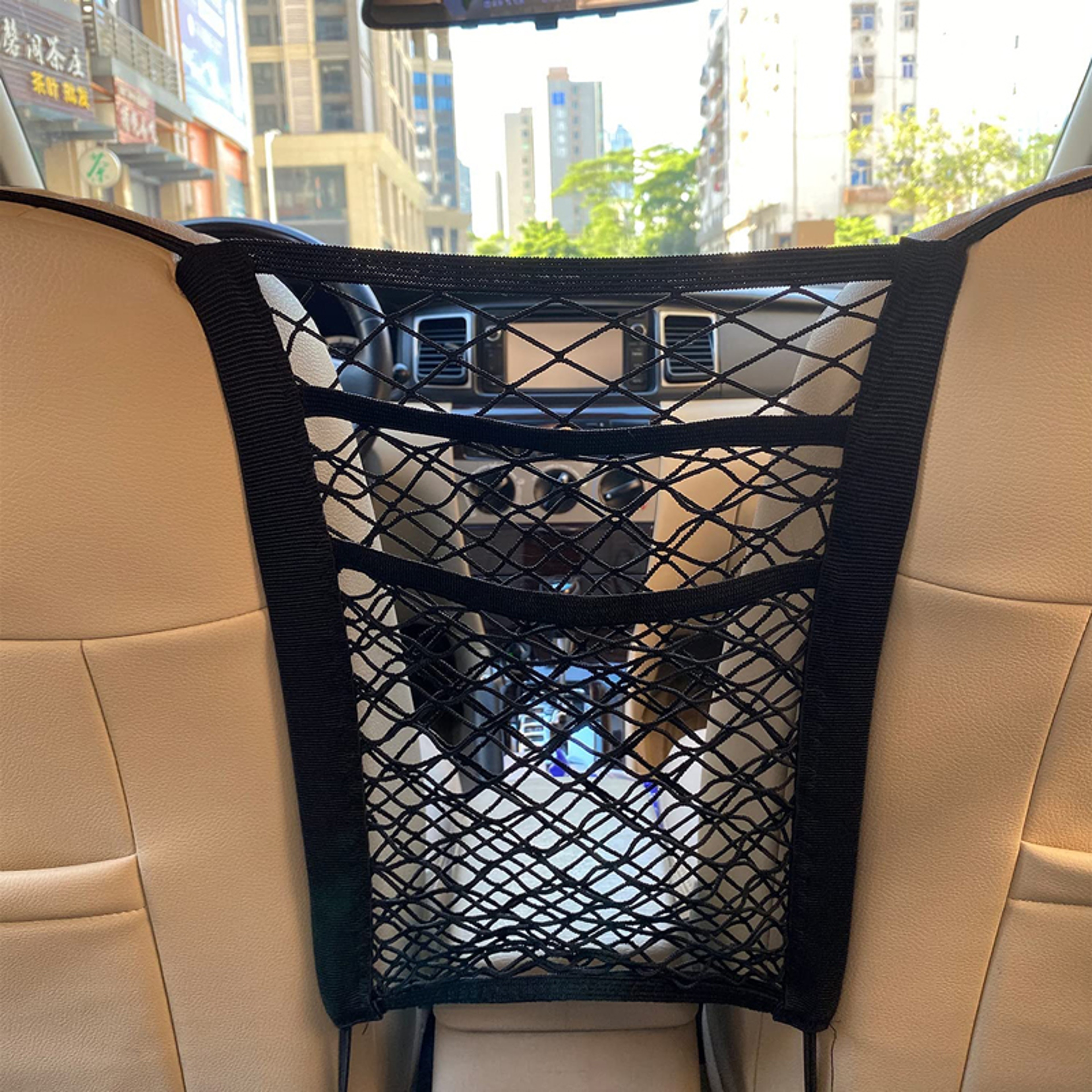 Stretchable Car Storage Net Bag Between Seats, Pet Barrier Divider & Elastic Mesh Bag Organizer for Auto Accessories – view 1
